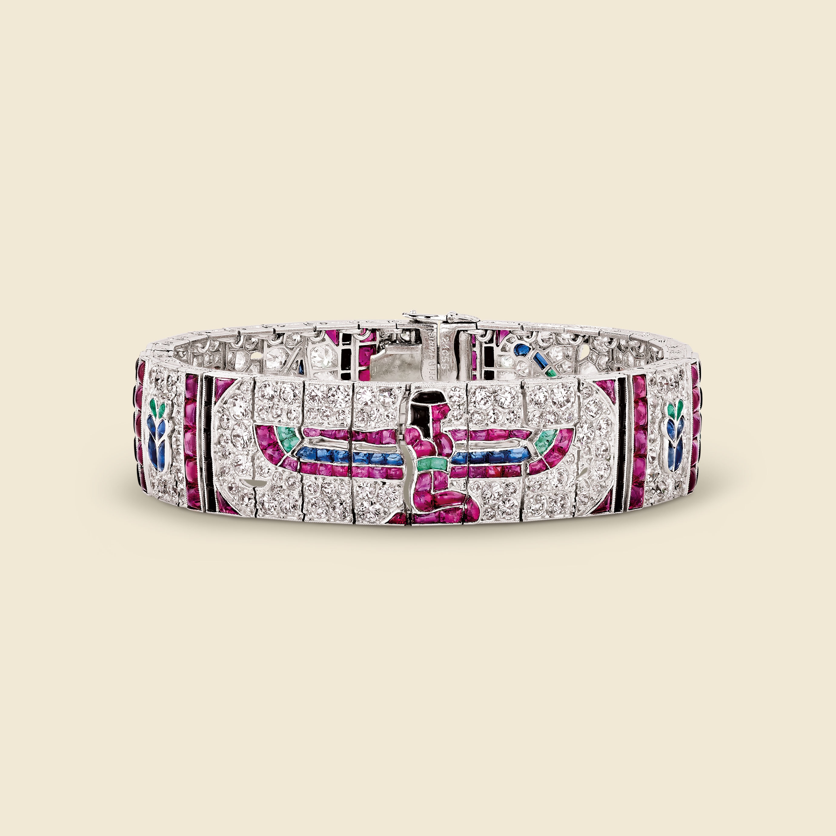 Egyptian Pattern bracelet, 1924. Platinum, emeralds, rubies, sapphires, onyx, diamonds. Van Cleef & Arpels Collection.