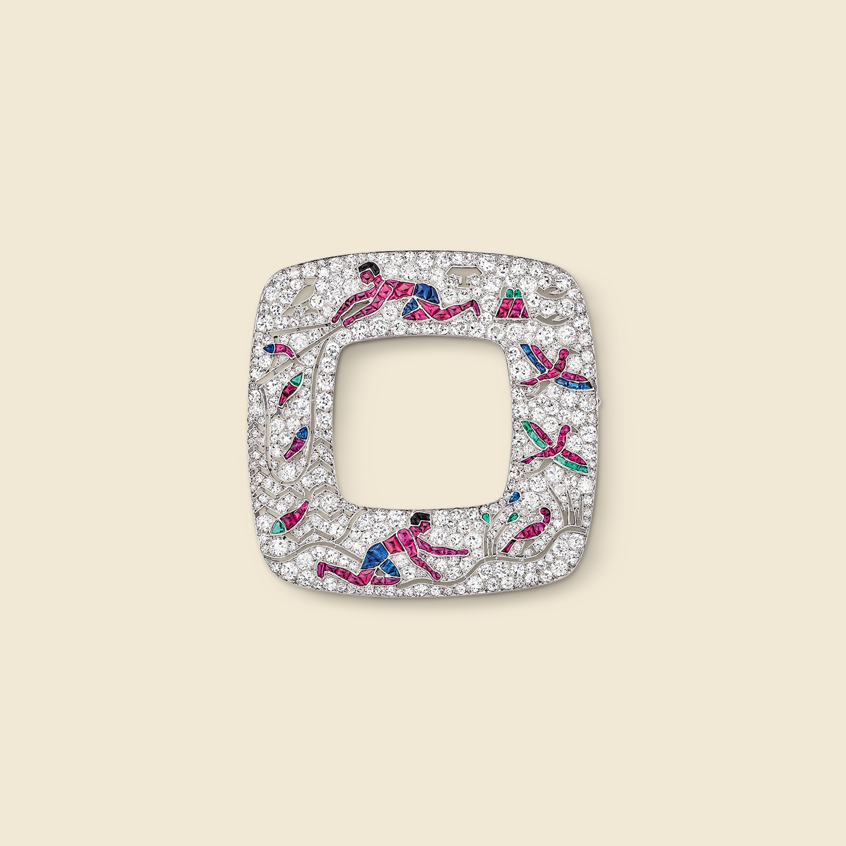 Egyptian Pattern brooch, 1924 Platinum, emeralds, rubies, sapphires, onyx, diamonds. Van Cleef & Arpels Collection.