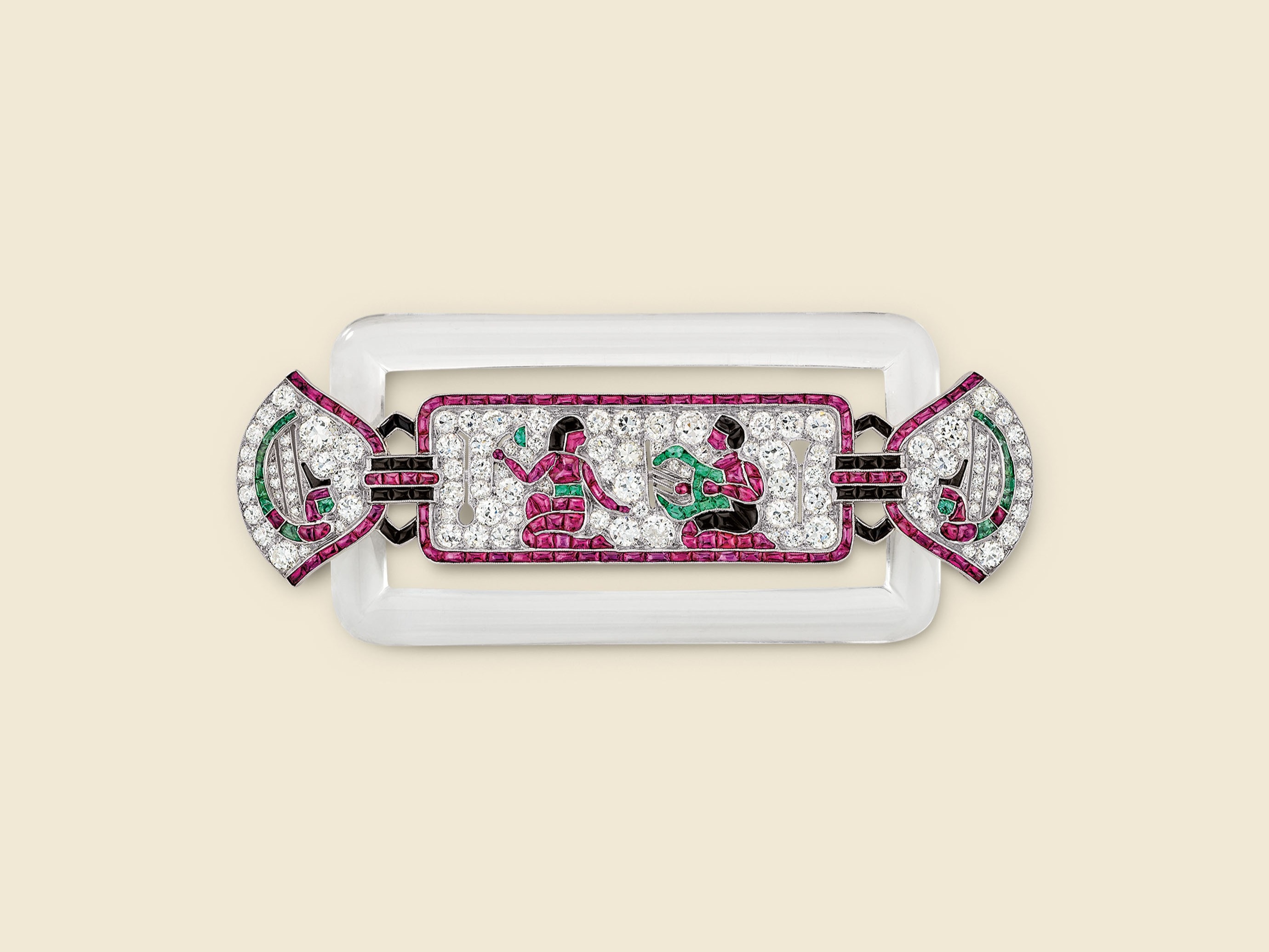 Egyptian Pattern brooch, 1924. Platinum, emeralds, rubies, rock crystal, onyx, diamonds. Van Cleef & Arpels Collection.