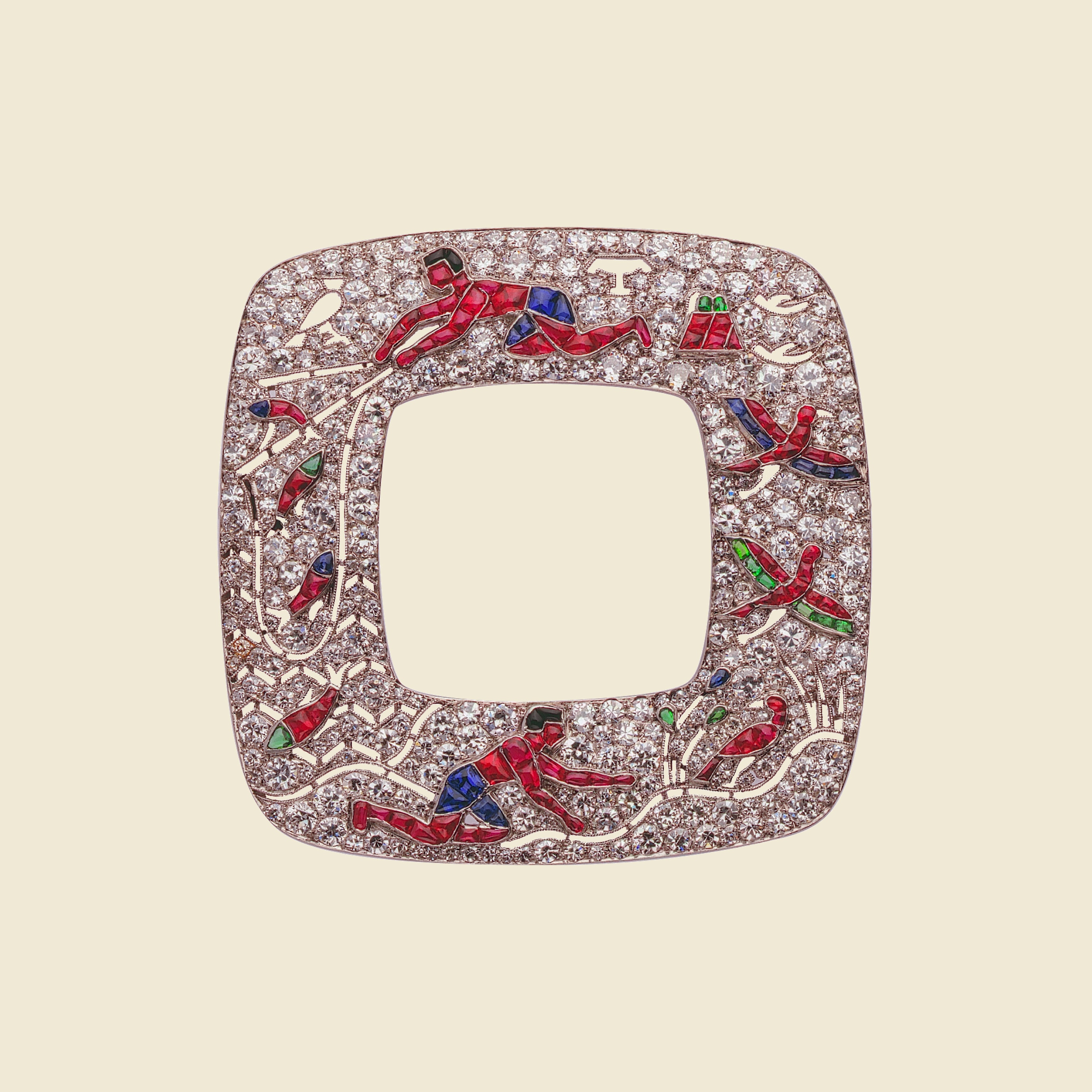 Egyptian-inspired brooch, 1924, platinum, sapphires, emeralds, rubies, onyx, diamonds. Van Cleef & Arpels.