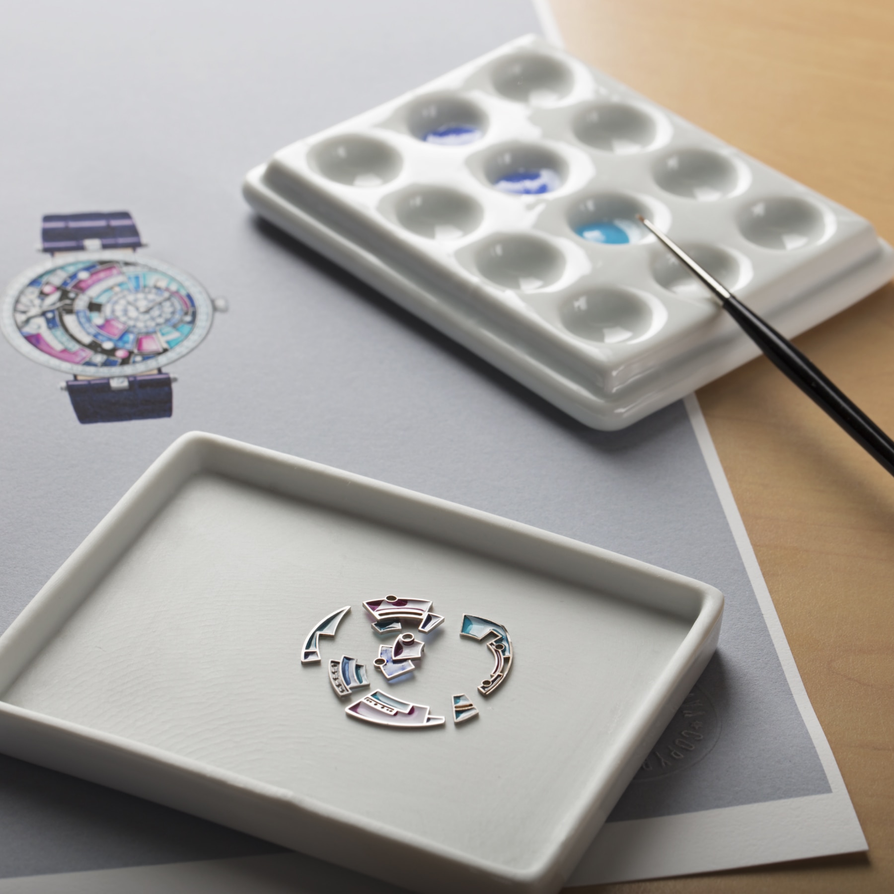 Color selection of the enamel according to the original drawing, Lady Arpels Lune Féerique watch, Extraordinary Dials collections, Van Cleef & Arpels.