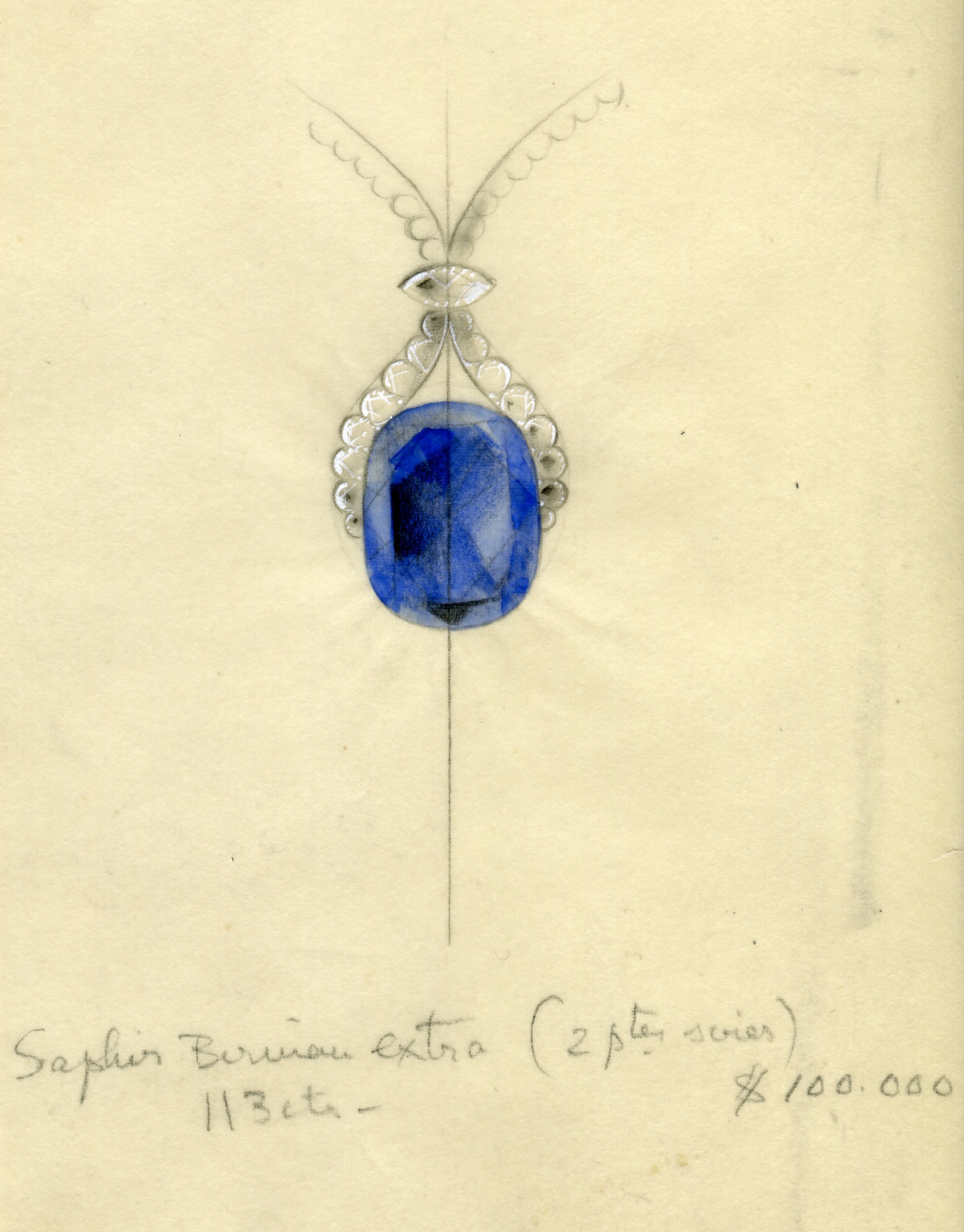 "Drawing featuring a project of necklace for the Blue Princess sapphire, circa 1955 Van Cleef & Arpels Archives"