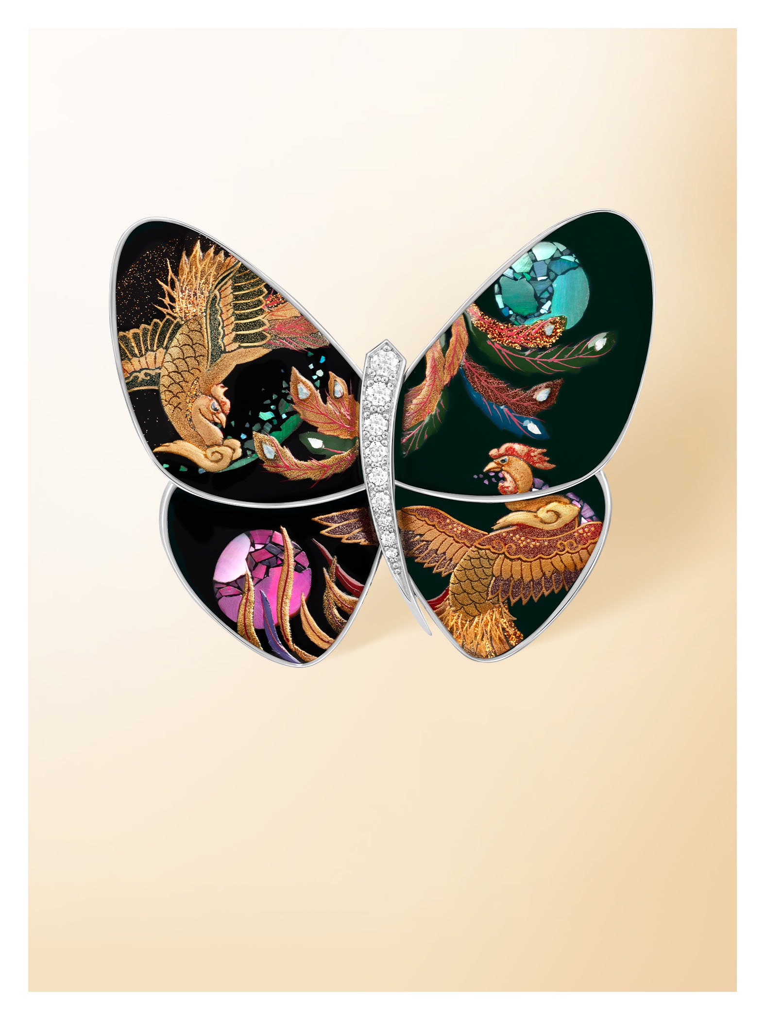 Lacquered Butterfly Houou AO clip, rhodium plated 18K white gold, gray mother-of-pearl, lacquer, diamonds. Van Cleef & Arpels.