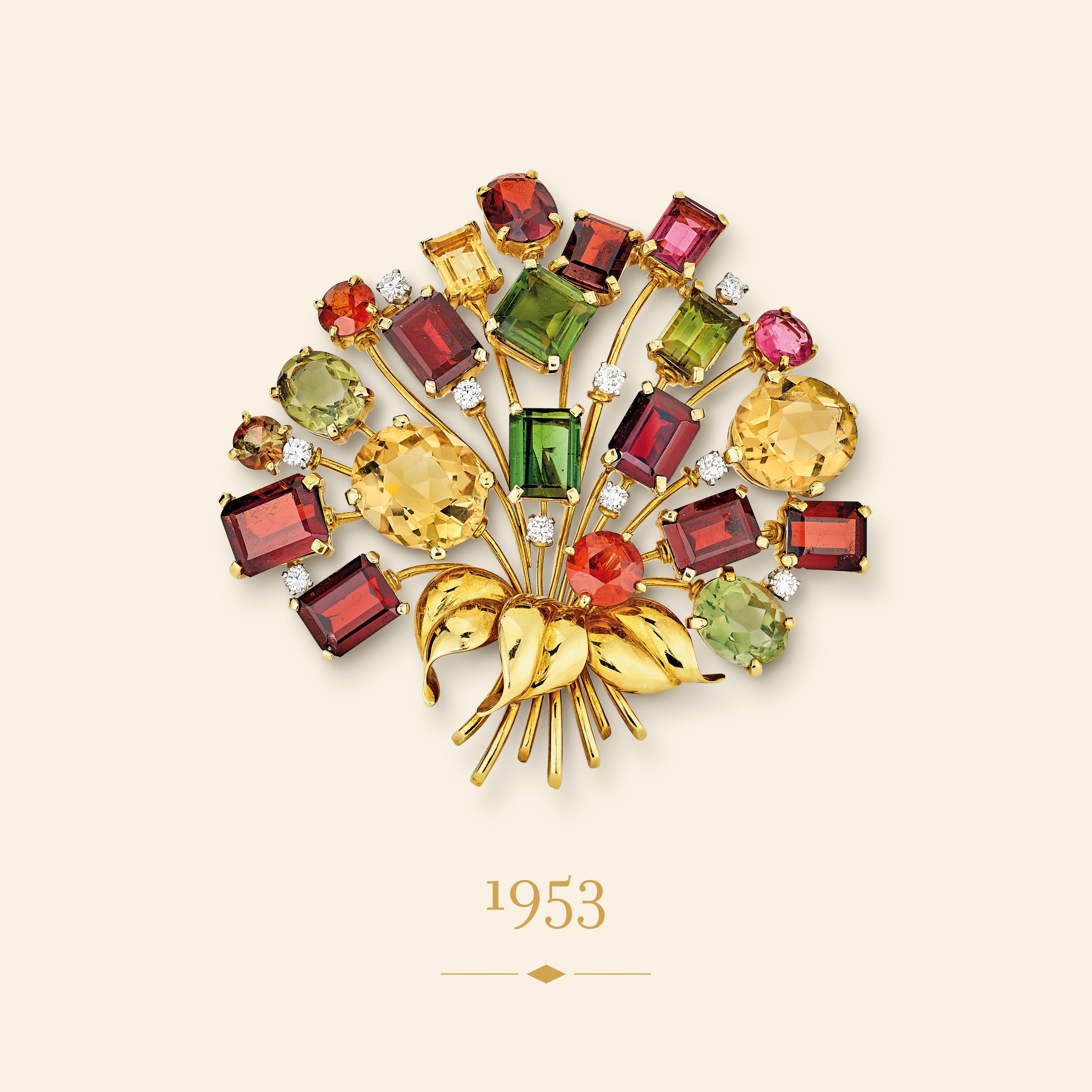 Clip Bouquet, 1953. Or jaune, grenats, péridots, topazes, tourmalines, diamants. Collection Van Cleef & Arpels