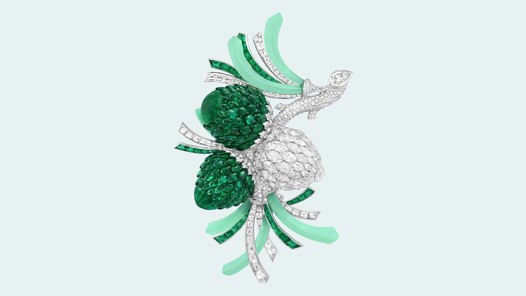 Pomme de Pin clip, white gold, rose gold, buff-topped Navette Mystery Set emeralds, Navette Mystery Set diamonds, emeralds, chrysoprase, diamonds. Collection, Van Cleef et Arpels. Quatres contes de Grimm collection, Van Cleef & Arpels.