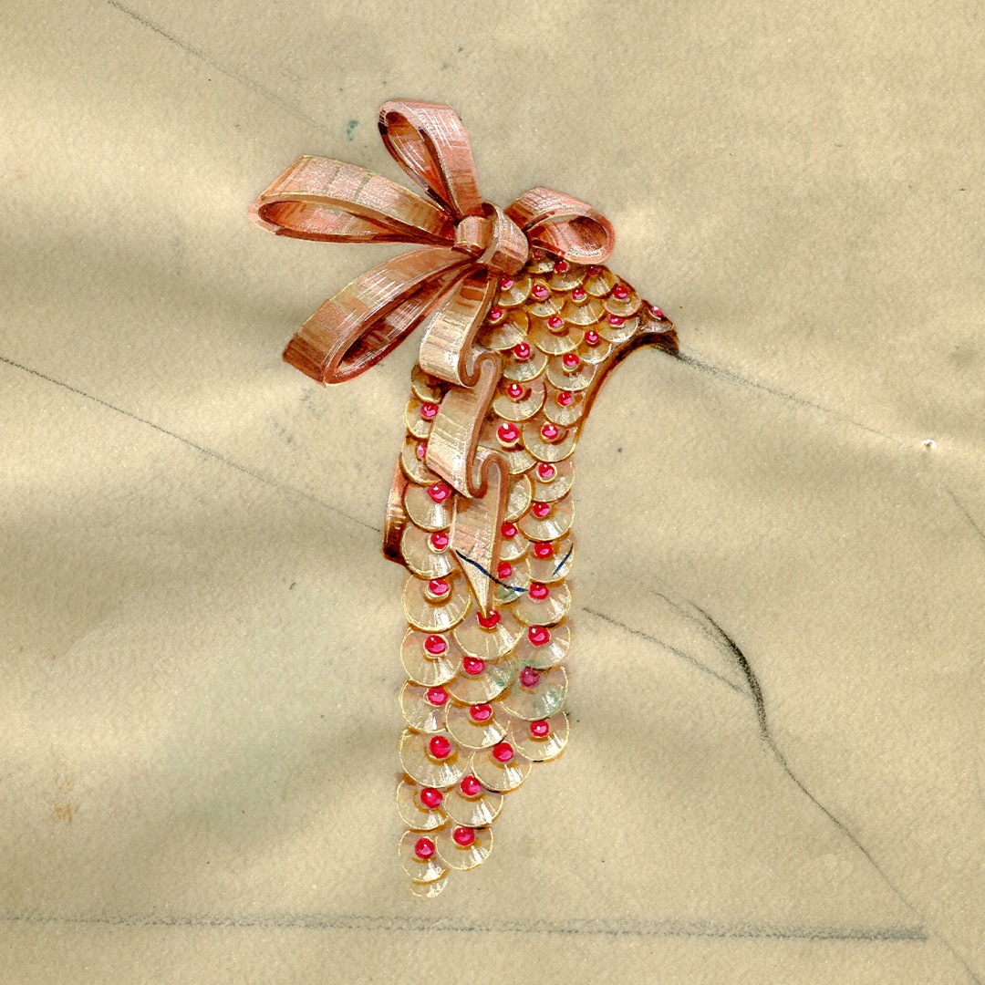 Design of a Sequins bracelet with a detachable Bow clip, circa 1945. Van Cleef and Arpels Archives
