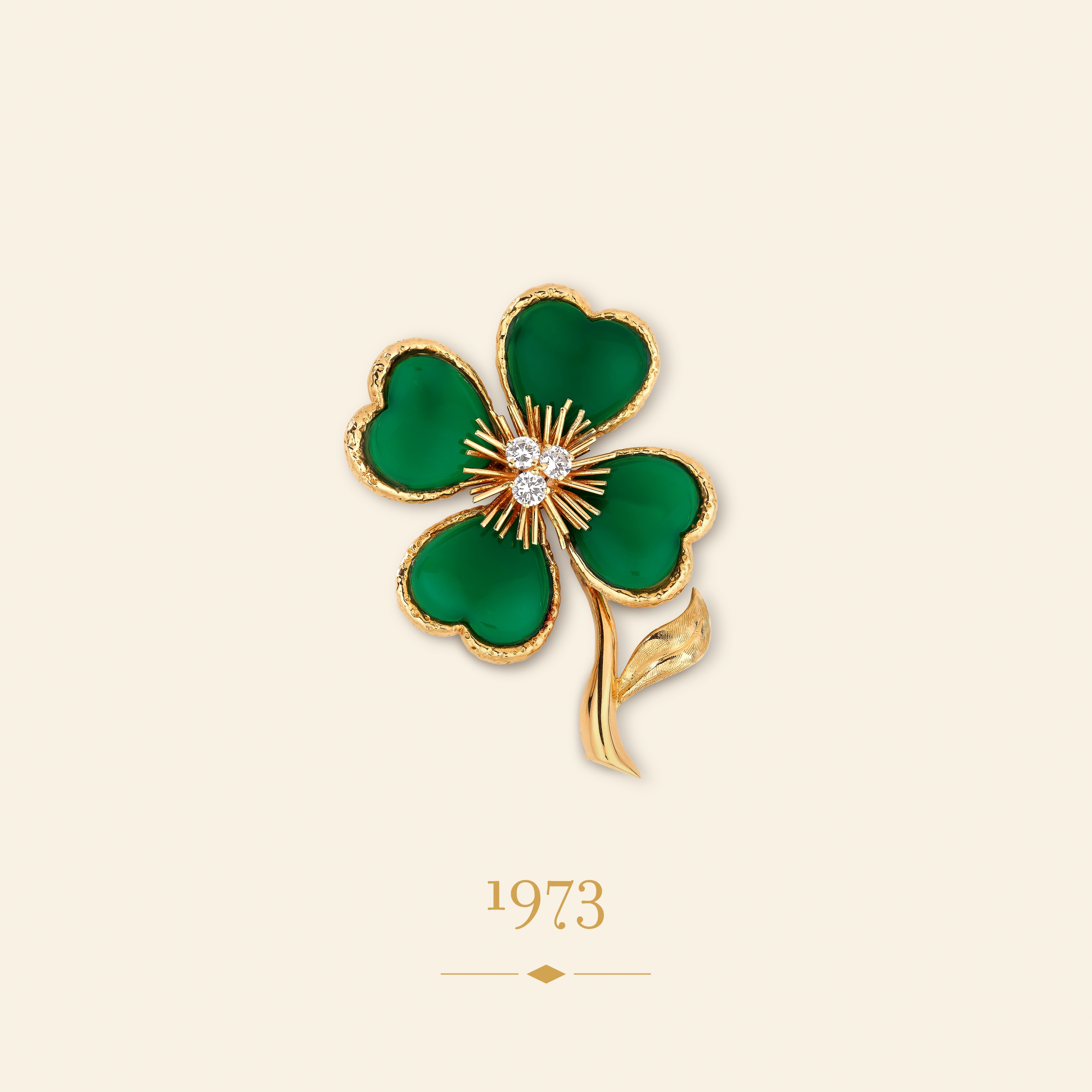 Four-leaf Clover胸针，1973年。黄K金，白K金，绿色玛瑙，钻石。Van Cleef & Arpels梵克雅宝典藏。