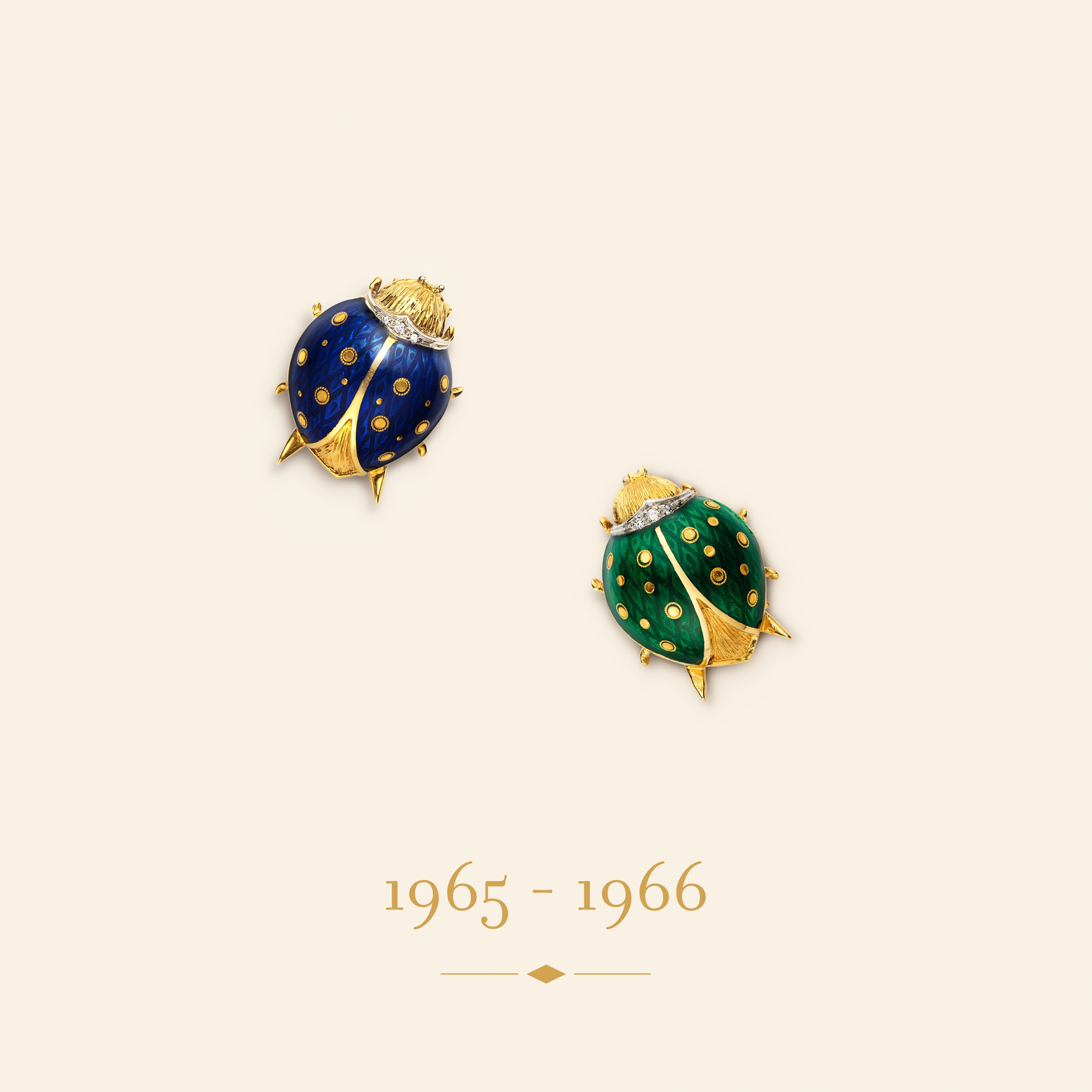 Ladybug胸针，1965年-1966年。黄K金，白K金，珐琅，钻石。Van Cleef & Arpels梵克雅宝典藏。