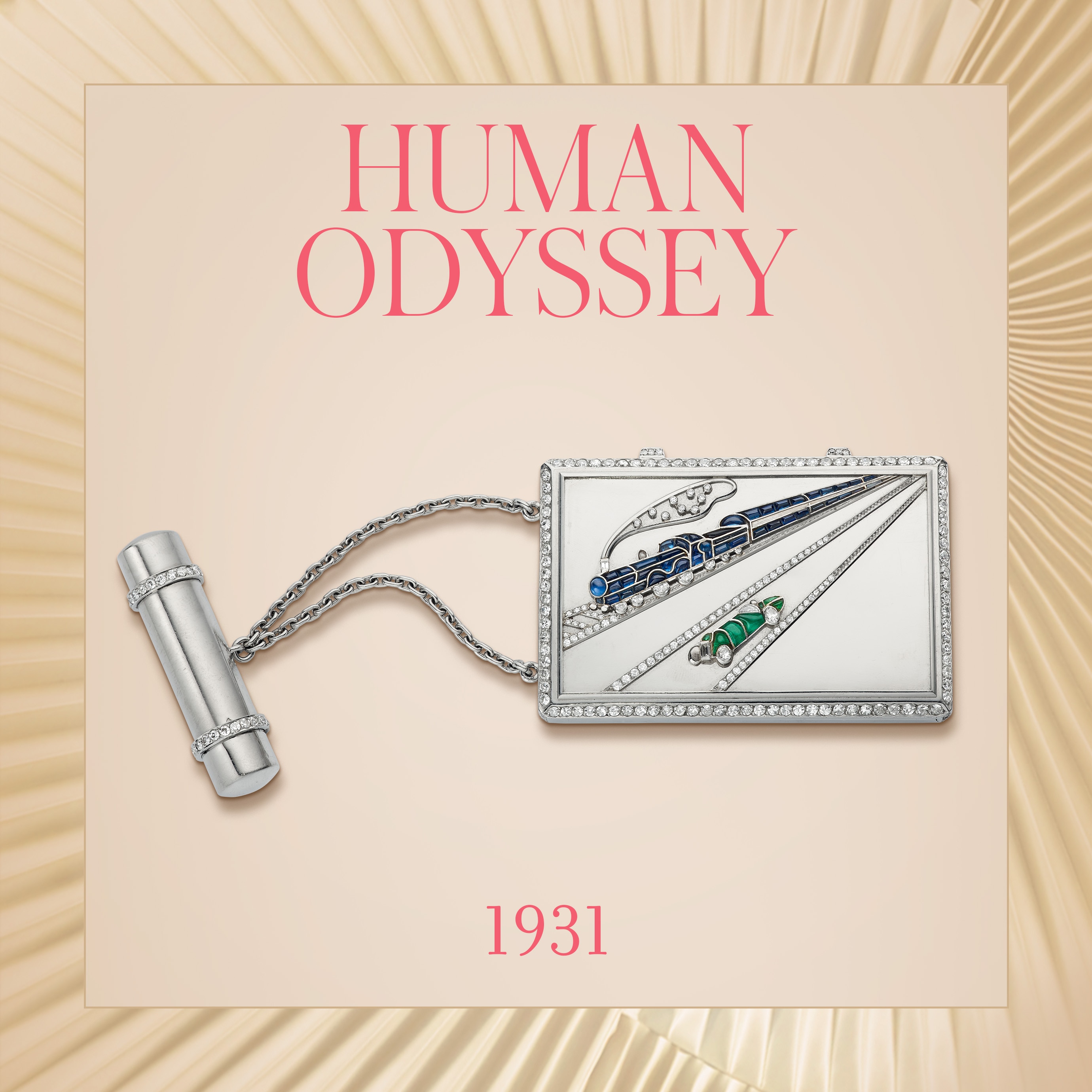 Blue train powder case, circa 1931. Platinum, 18K yellow gold, emeralds, sapphires, diamonds. Special order from Babe Barnato, the Chairman of Bentley cars. Van Cleef & Arpels Collection.