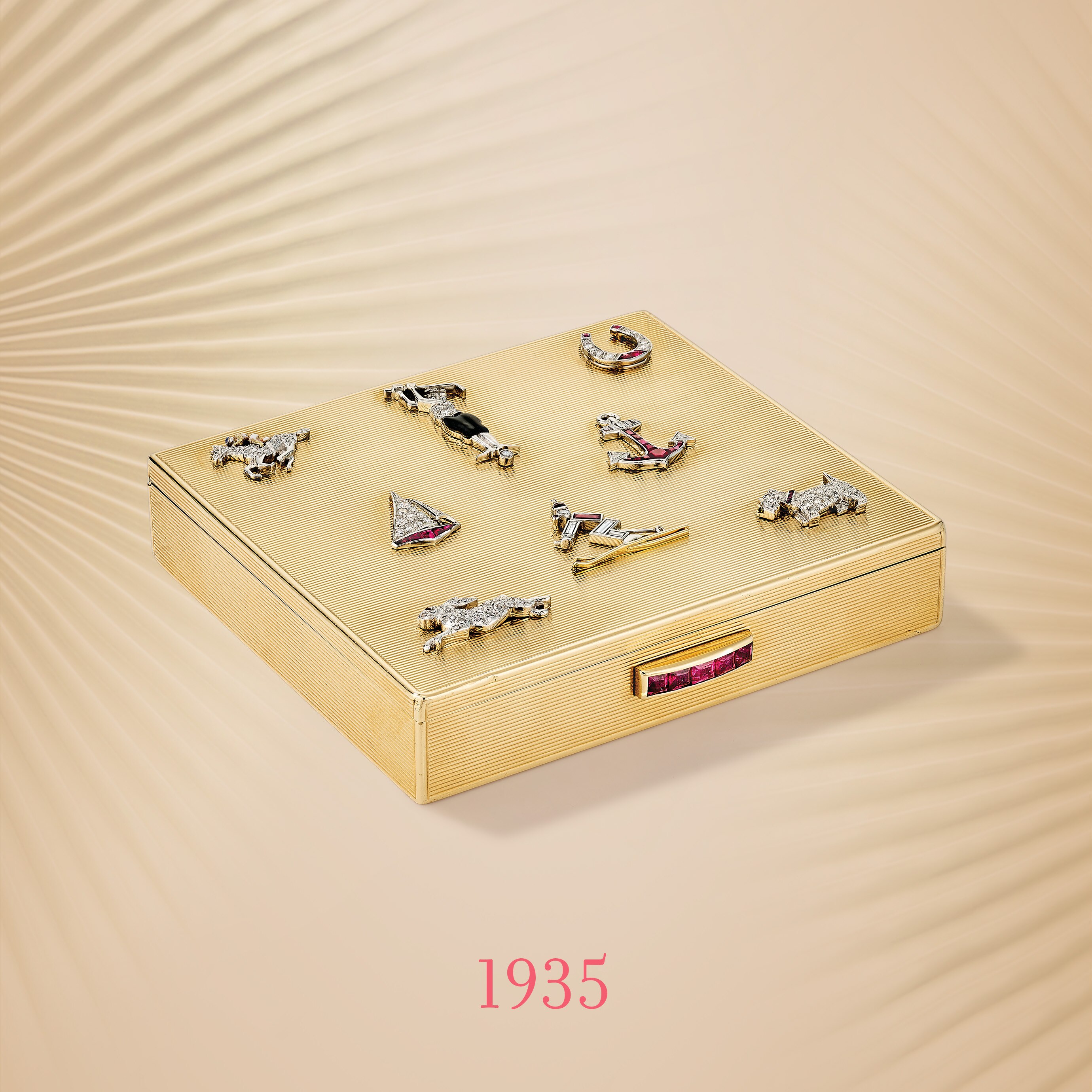 Charms cigarette case, circa 1935. 18K yellow gold, white gold, rubies, enamel, diamonds. Van Cleef & Arpels Collection.