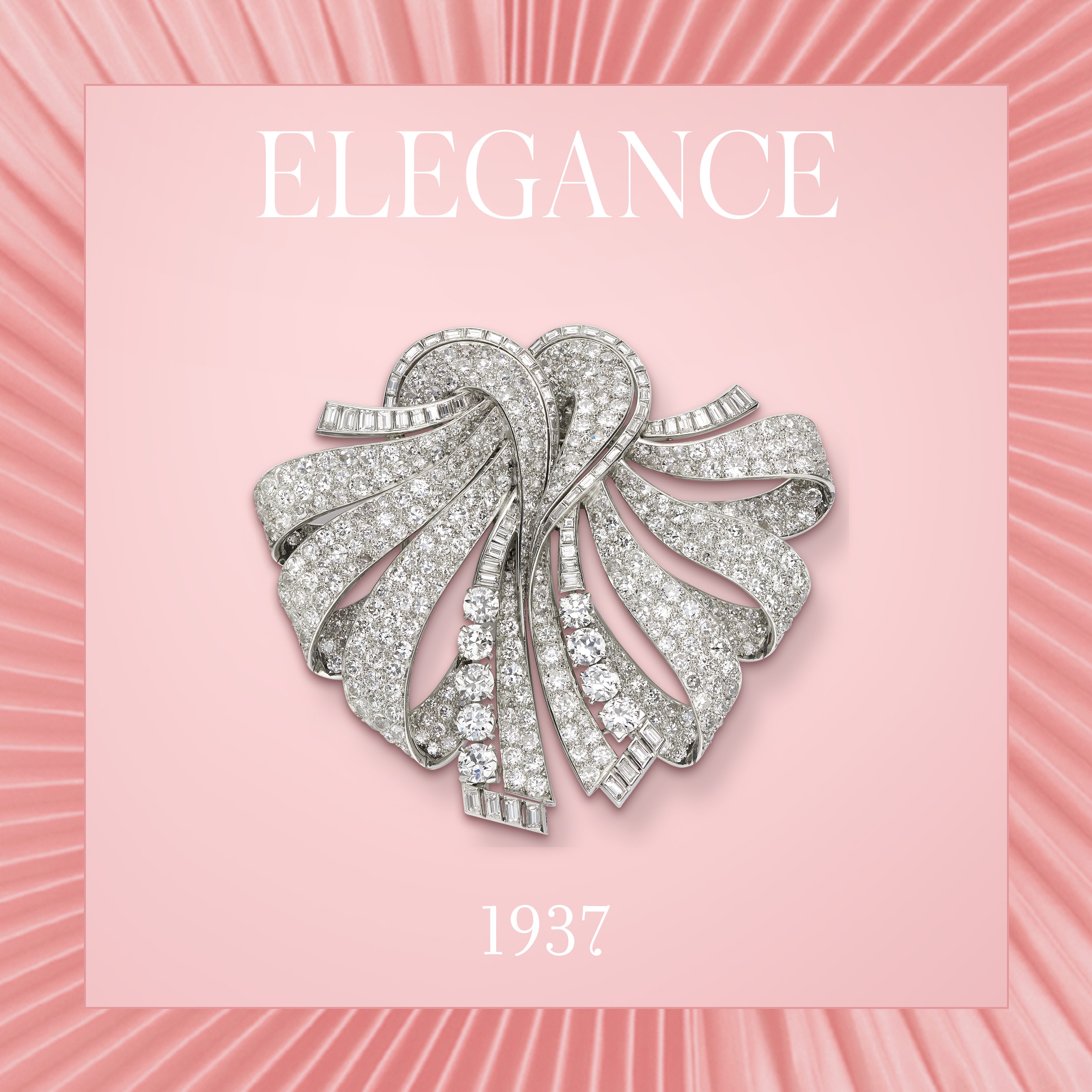 Ribbon double clip, 1937. Platinum, osmior, diamonds. Van Cleef & Arpels Collection.