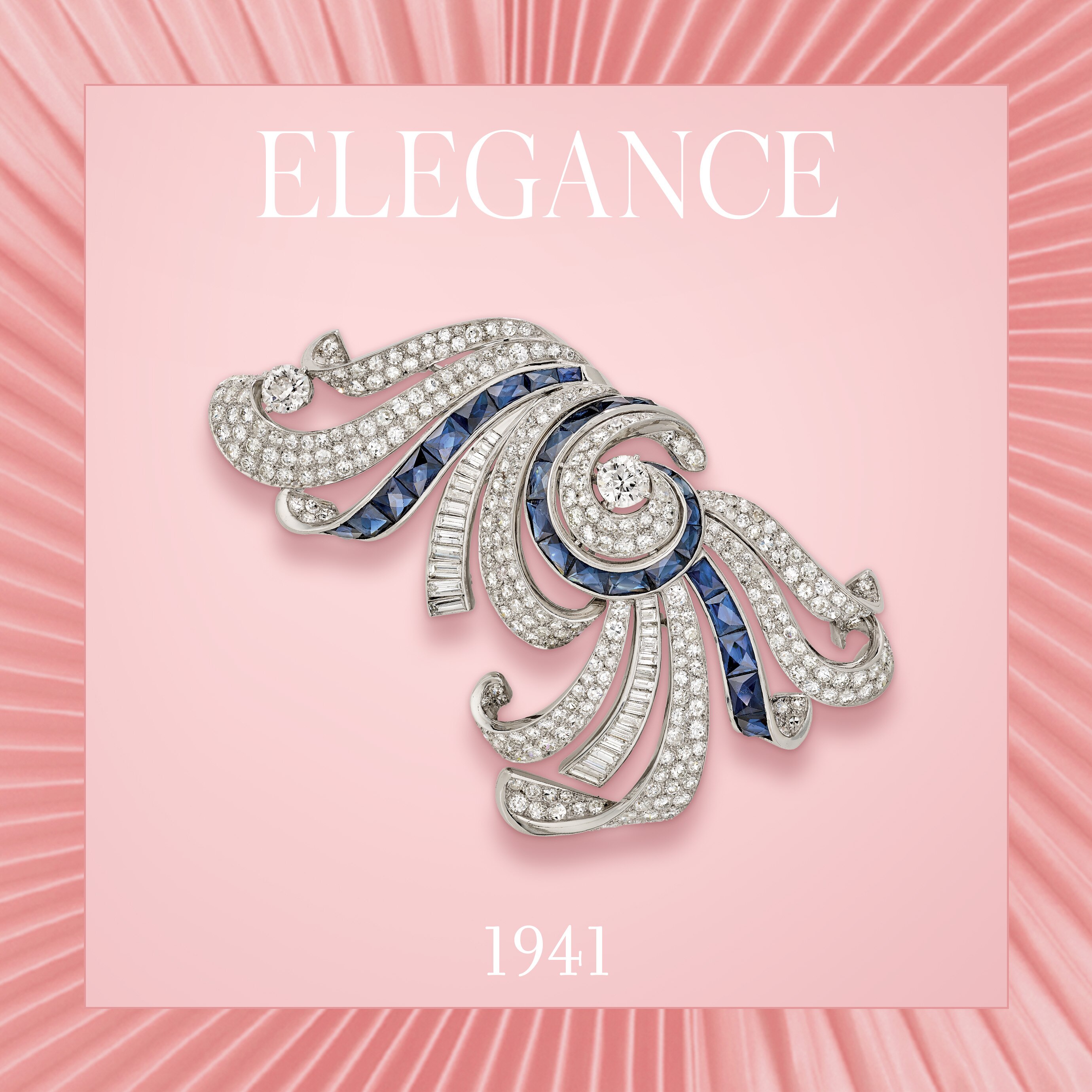 Double clip, 1941. Detachable and transformable clip into two clips. 18K white gold, platinum, sapphires, diamonds. Van Cleef & Arpels Collection.