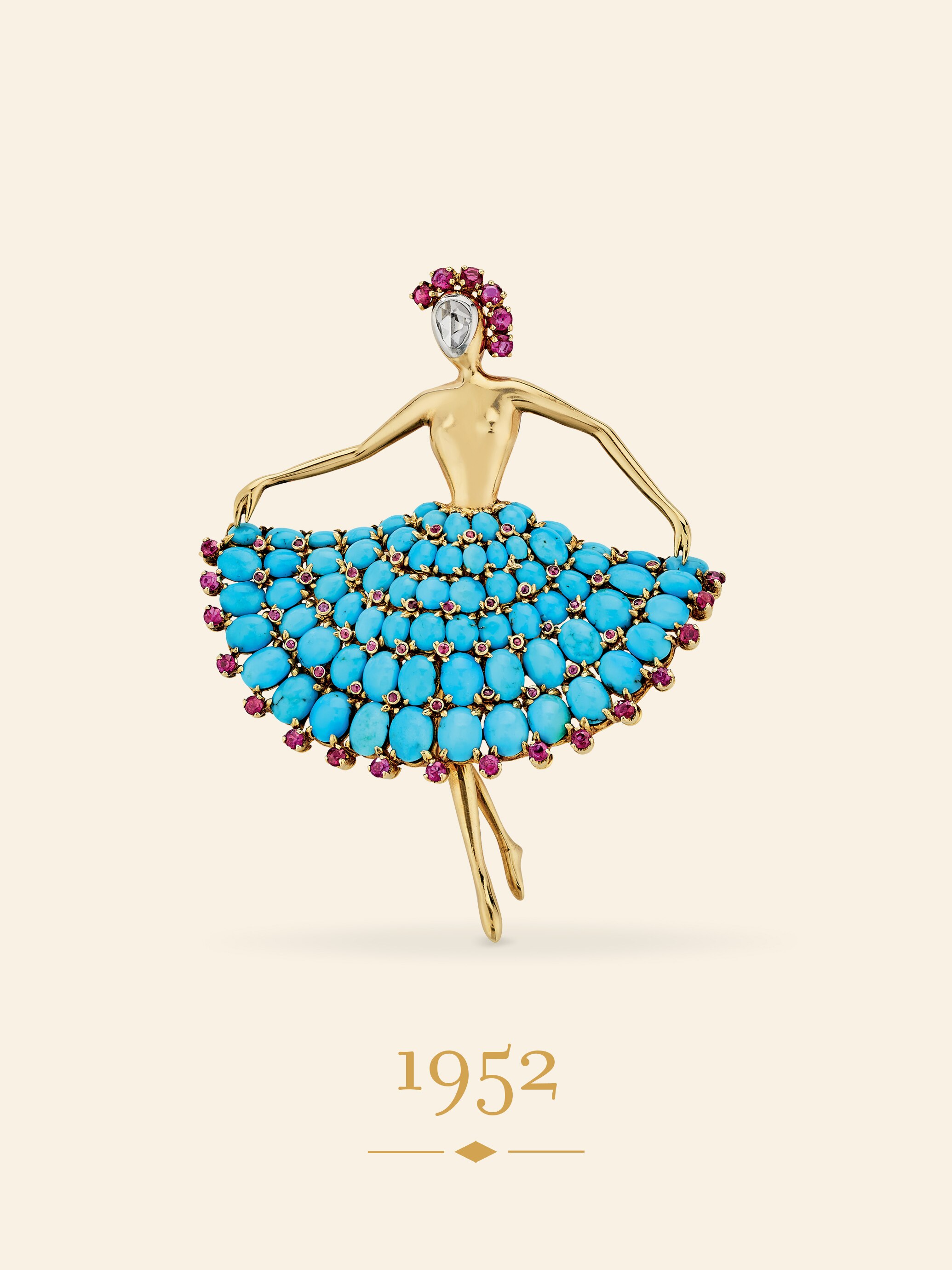 مشبك دانسر، 1952. ذهب أصفر، بلاتين، ياقوت، فيروز، ماس. مجموعة دار فان كليف أند آربلز.