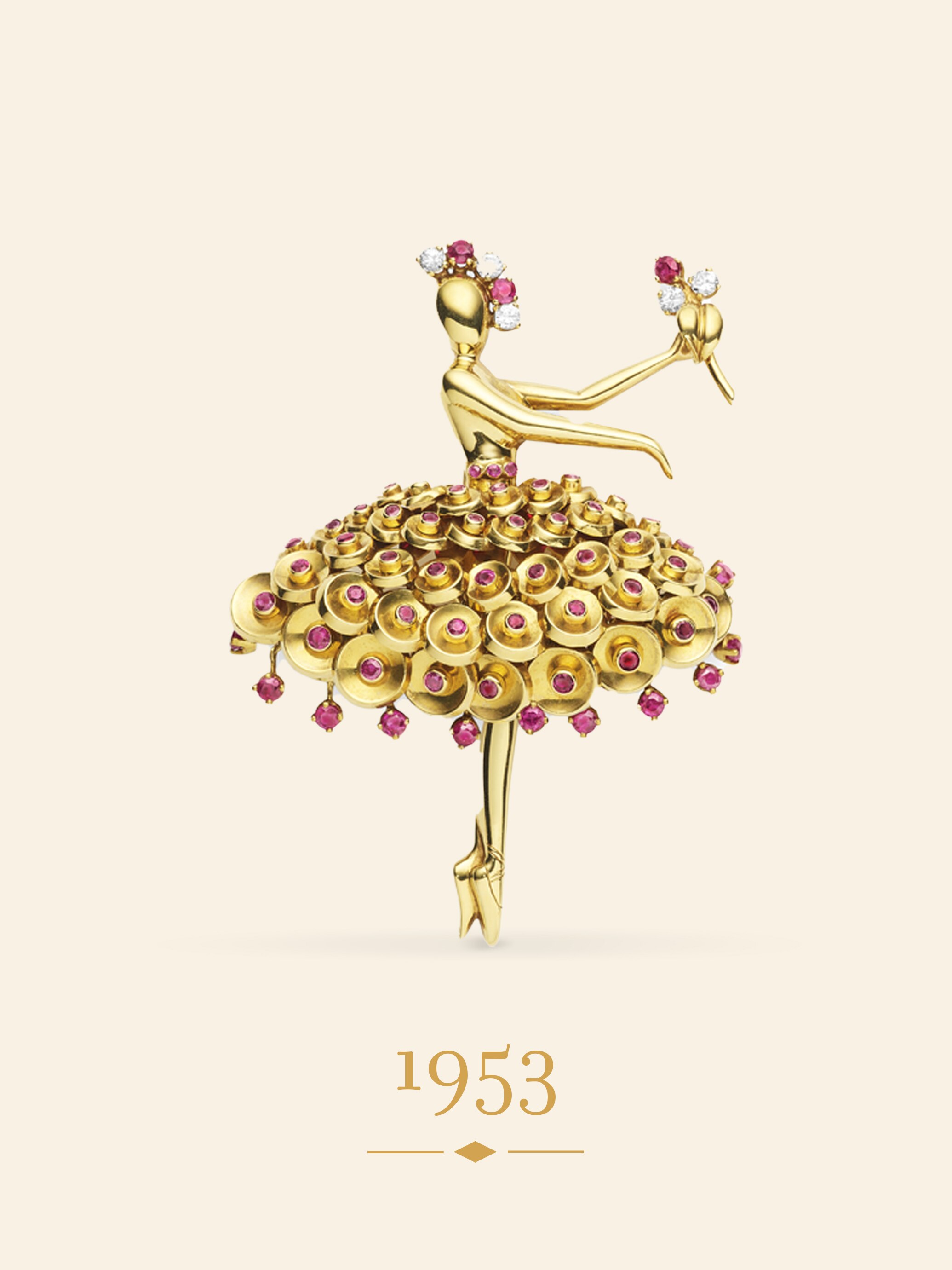 مشبك سيكوين دانسر، 1953. ذهب أصفر، ياقوت، ماس. مجموعة دار فان كليف أند آربلز.