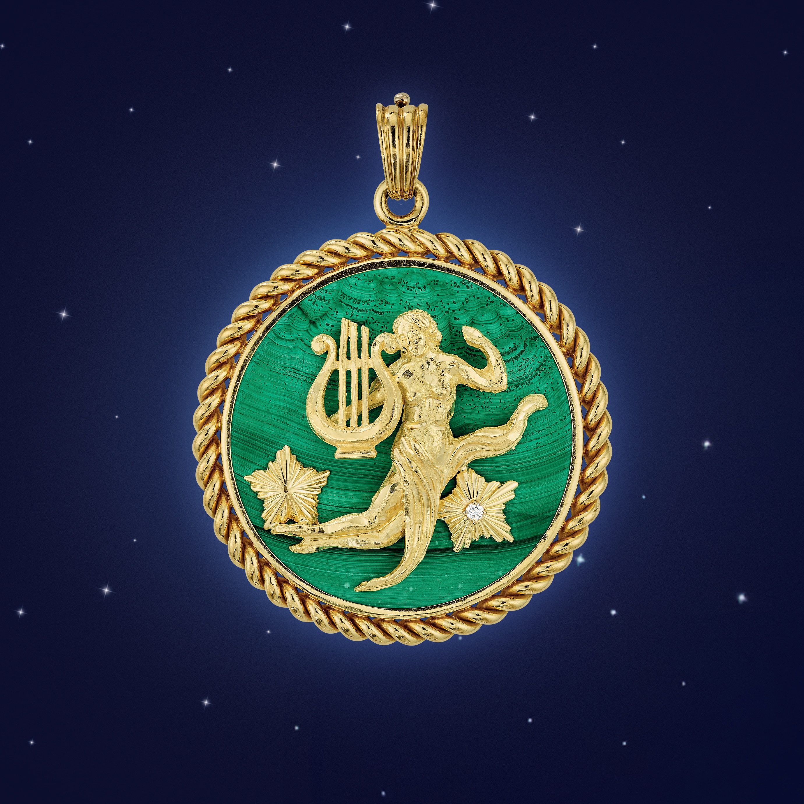 Virgo pendant, 1972, yellow gold, white gold, malachite, diamond. Van Cleef & Arpels Collection