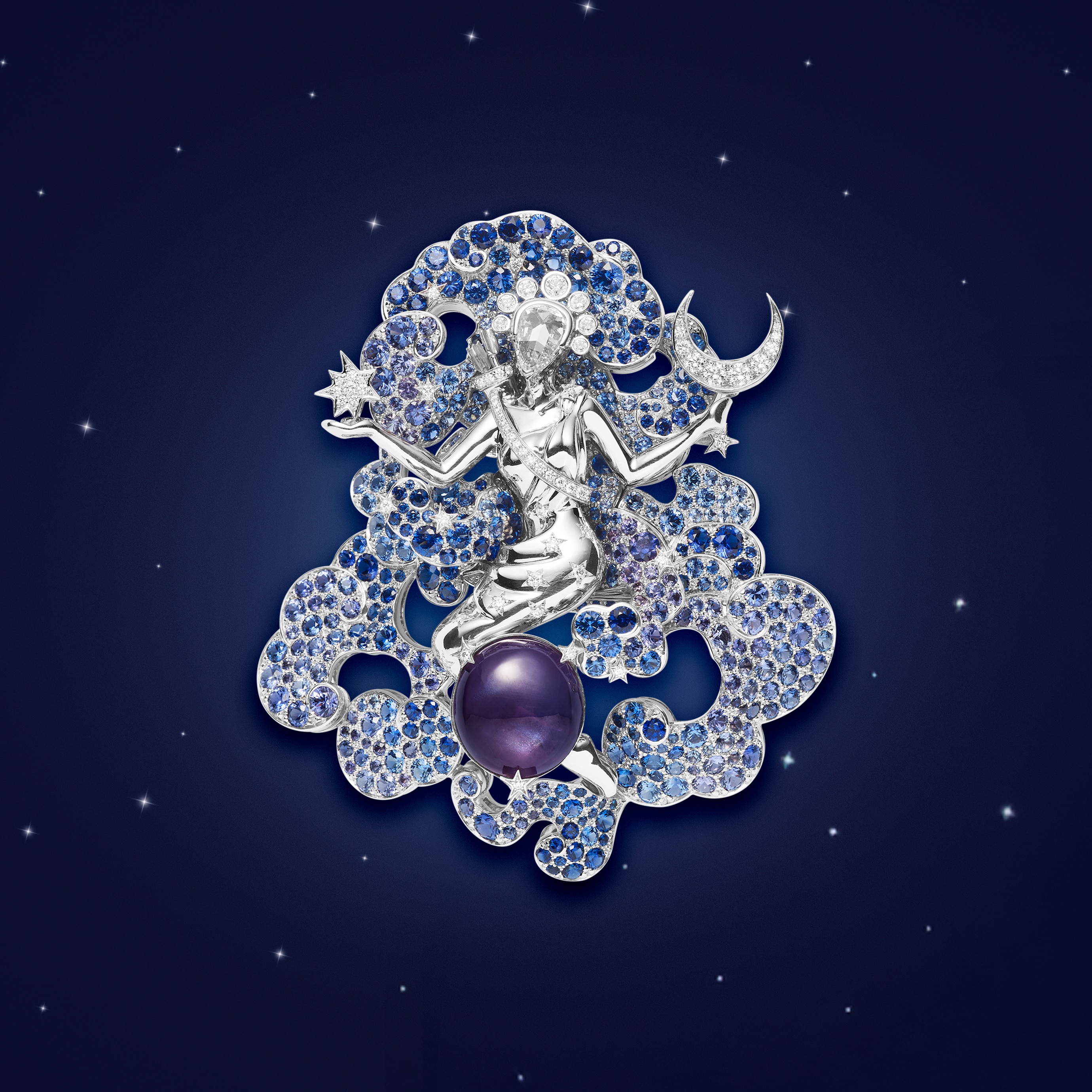 Diane clip, 2011, white gold, sapphires, purple star set sapphire, mauve sapphires, diamonds. Bal du Siècle, Bals de Légende High Jewelry collection