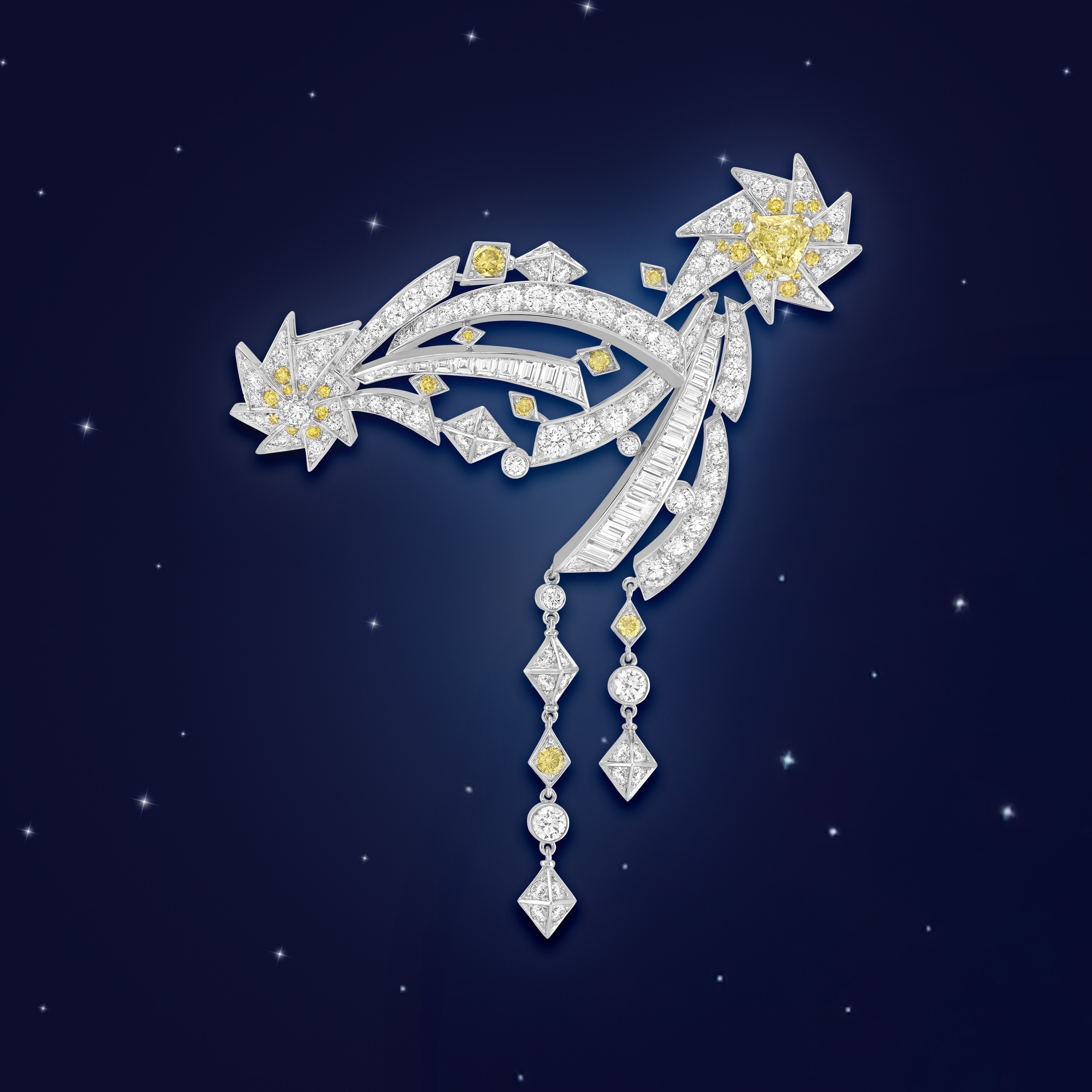 Etoile filante clip, 2021, white gold, yellow diamonds, diamonds, Sous les étoiles High Jewelry collection. Van Cleef & Arpels