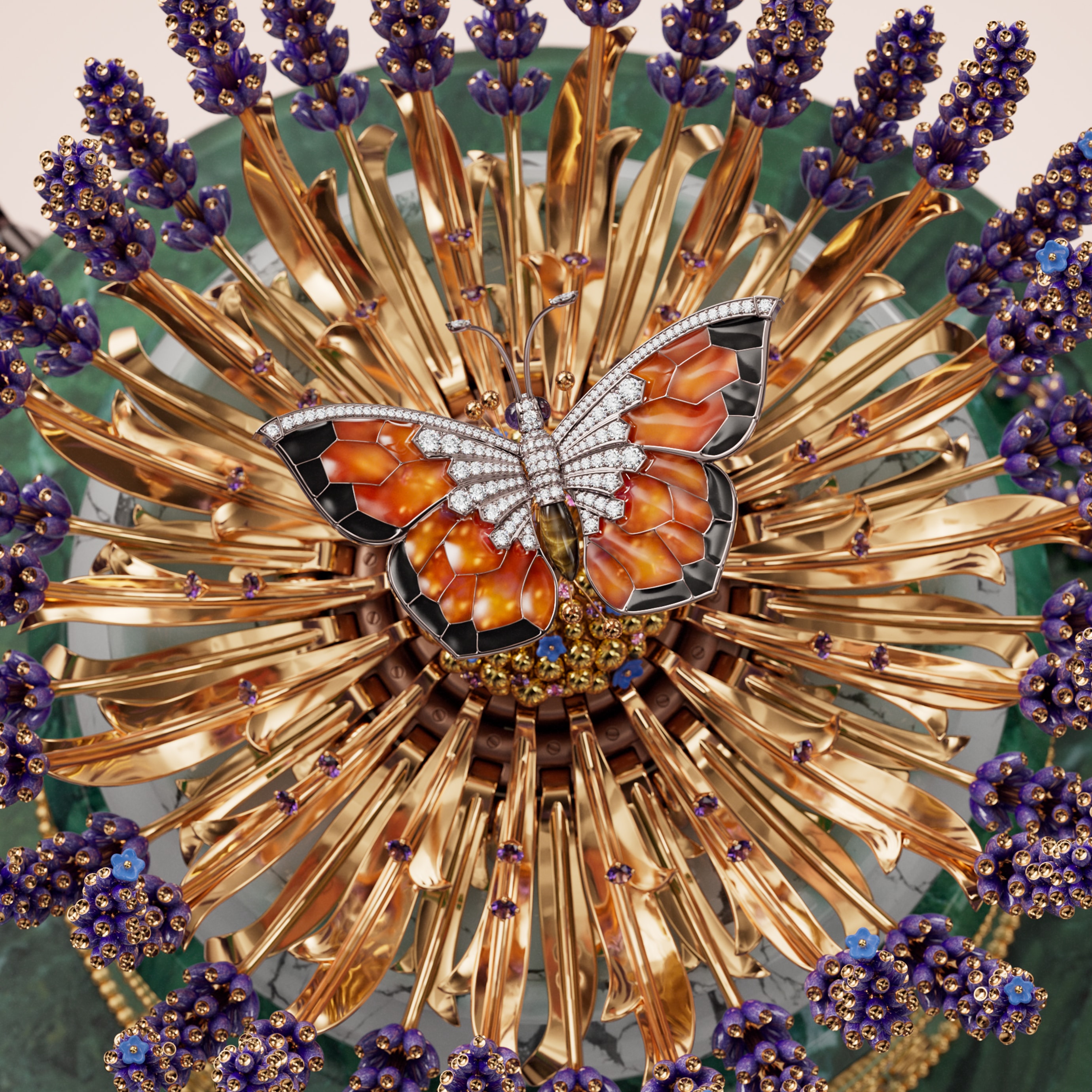 أوتوماتون براسيه دو لافاند. ذهب وردي وأصفر وأبيض، سافير وردي، جمشت، عين النمر، فيرديت، هاوليت، ماس، مينا، لاكر، خشب الأبنوس، جلد، ألومنيوم، فولاذ. حركات آلية وميكانيكية، وظيفة 12 ساعة/دقيقة على حلقة دوارة 360 درجة، احتياطي طاقة لمدة 8 أيام، حركة مع نغمة عند الطلب، جرس موسيقي من 5 أجراس ومطارق. مجموعة إكسترا أورديناري أوبجكتس، دار فان كليف أند آربلز.