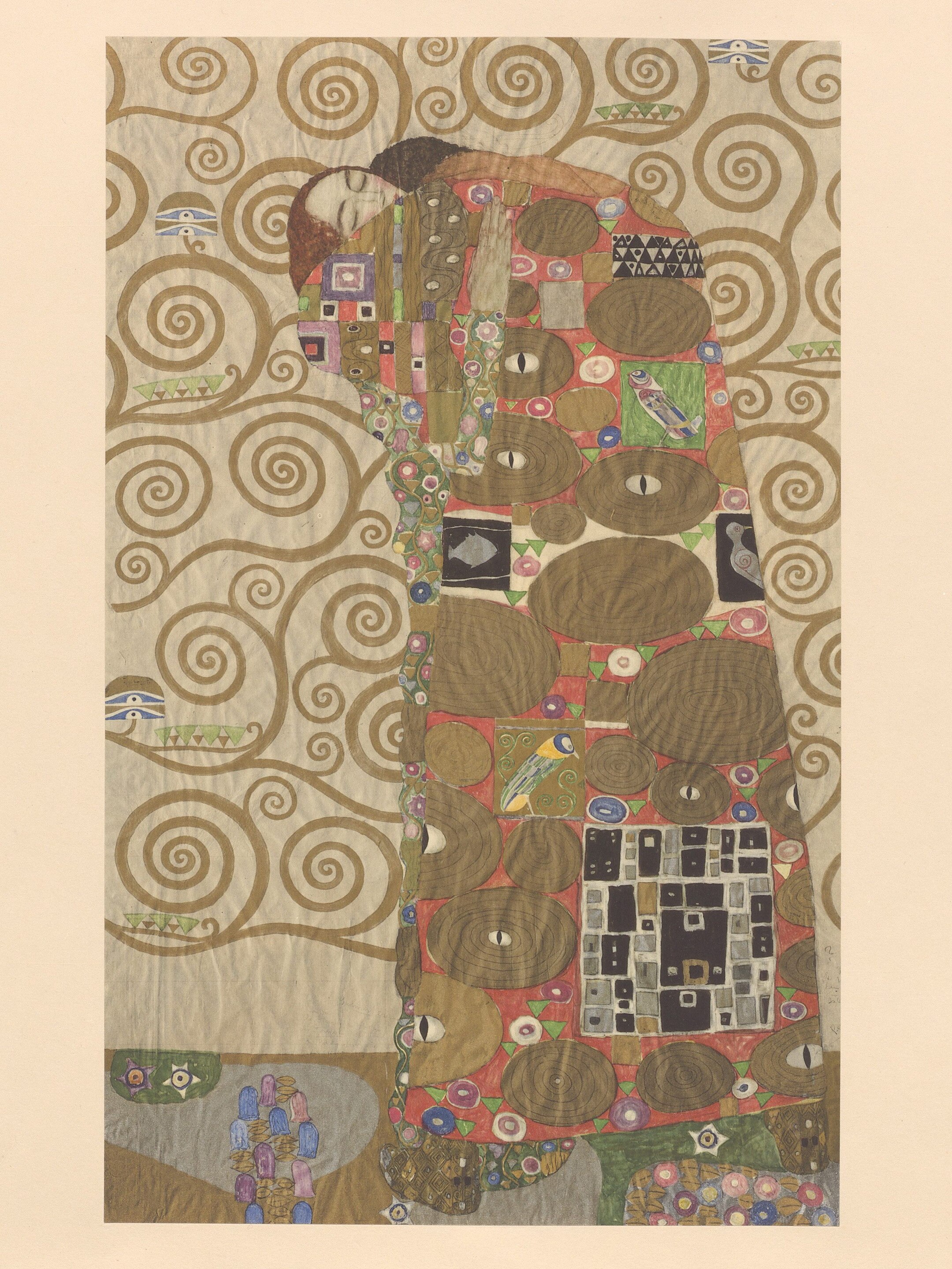 Gustav Klimt. Werkzeichnungen für den Fries im Speisesaal des Palais Stoclet mit dem Thema Erfüllung (Liebespaar), 1908–1911. Bleistift, Pastellkreide, Gouache; Bronze, Silber, Goldpulver. MAK.