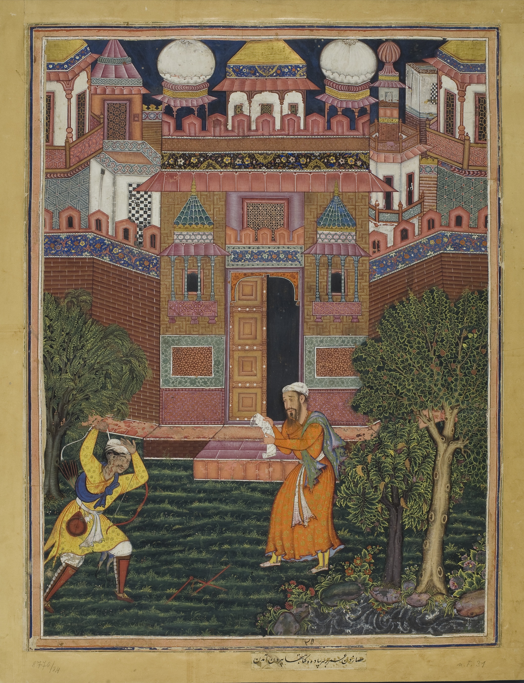 Miniatur aus dem Mogul-Manuskript Hamzanama, um 1570. Baumwolle, Papier, bemalt. MAK.