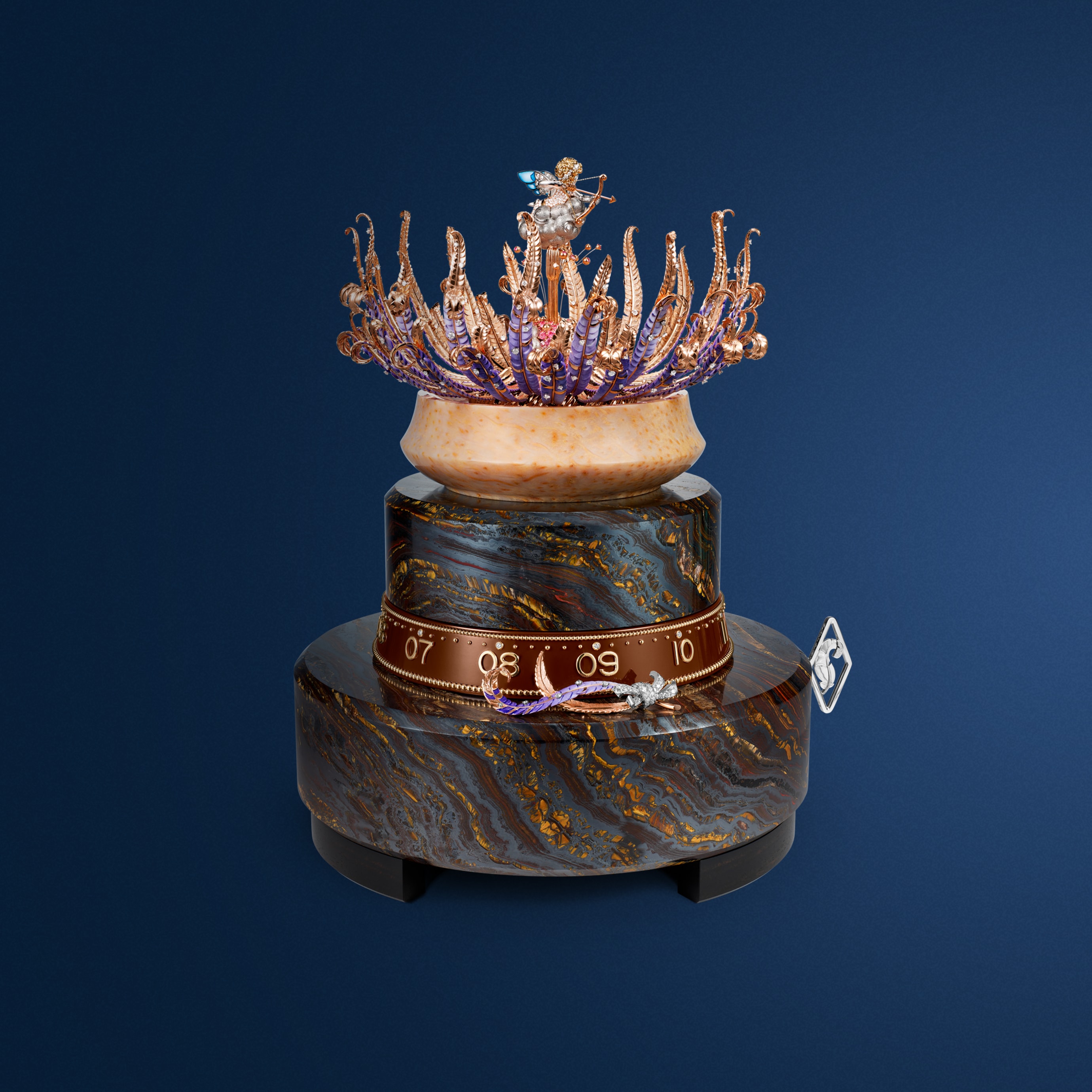 Naissance de l’Amour automaton, rose, white and yellow gold, pink sapphires, diamonds, iron eye, petrified palm tree, enamel, lacquer, ebony, leather, aluminium, steel. Automaton and mechanical movements, 12-hour function on a 360-degree rotating ring, 8-day power reserve, on-demand animation with a melody. Extraordinary Objects™ collection, Van Cleef & Arpels.