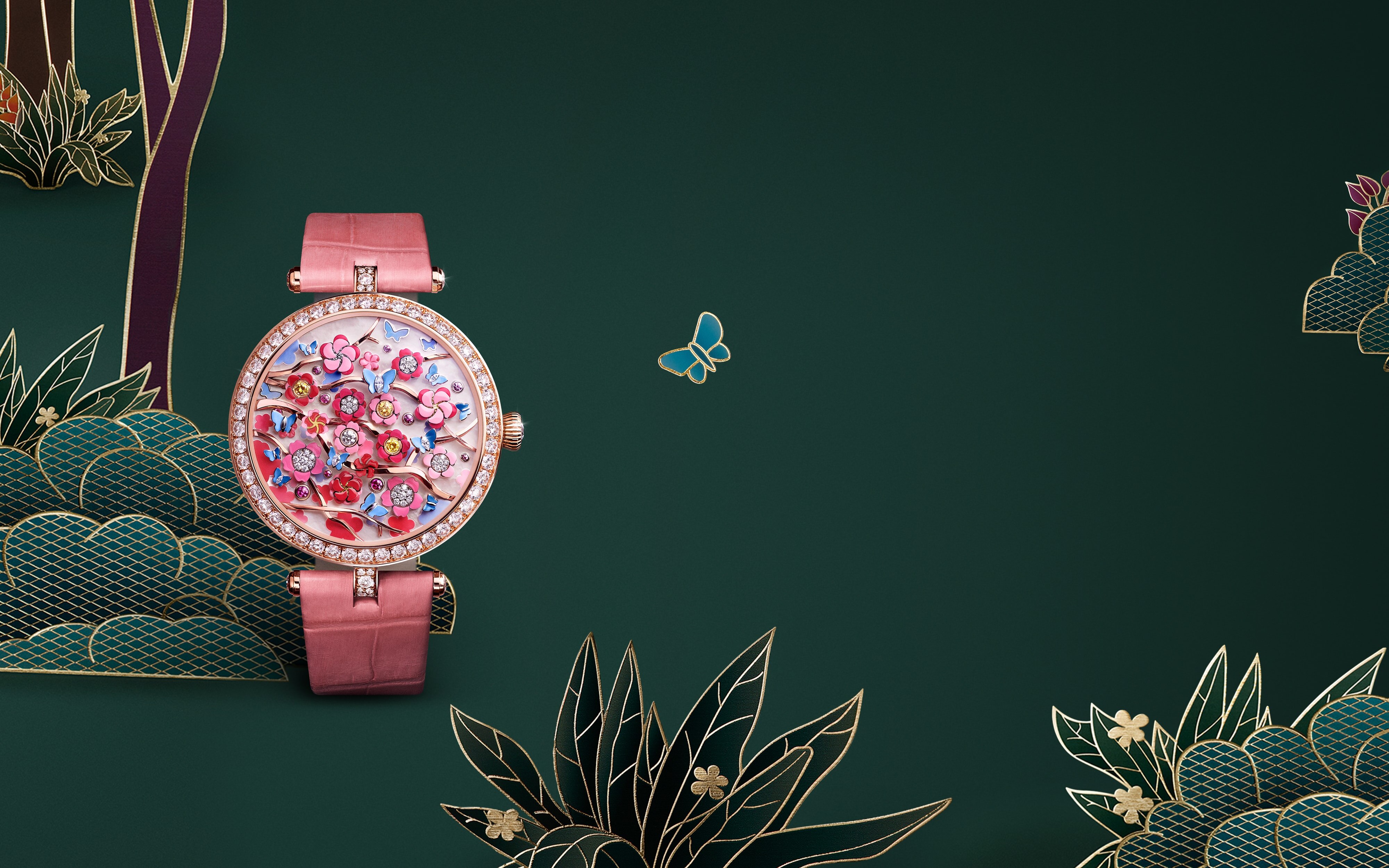 Lady Arpels Heures Florales Cerisier watch, 18K rose gold, rhodium plated 18K white gold, white and yellow diamonds, pink sapphires, white mother-of-pearl, miniature painting, self-winding mechanical movement equipped with a flower-opening module for the hours and lateral minutes display. Watch sold with two interchangeable straps and one interchangeable pin buckle set with diamonds. Poetic Complications Collection, Van Cleef & Arpels.