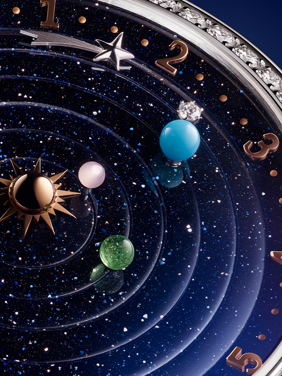 Lady Arpels Planétarium watch. Rhodium plated 18K white gold, 18K rose gold, diamonds, aventurine, pink mother-of-pearl, enamel, turquoise, automatic mechanical movement, planetarium. Poetic Complications® collection, Van Cleef & Arpels.