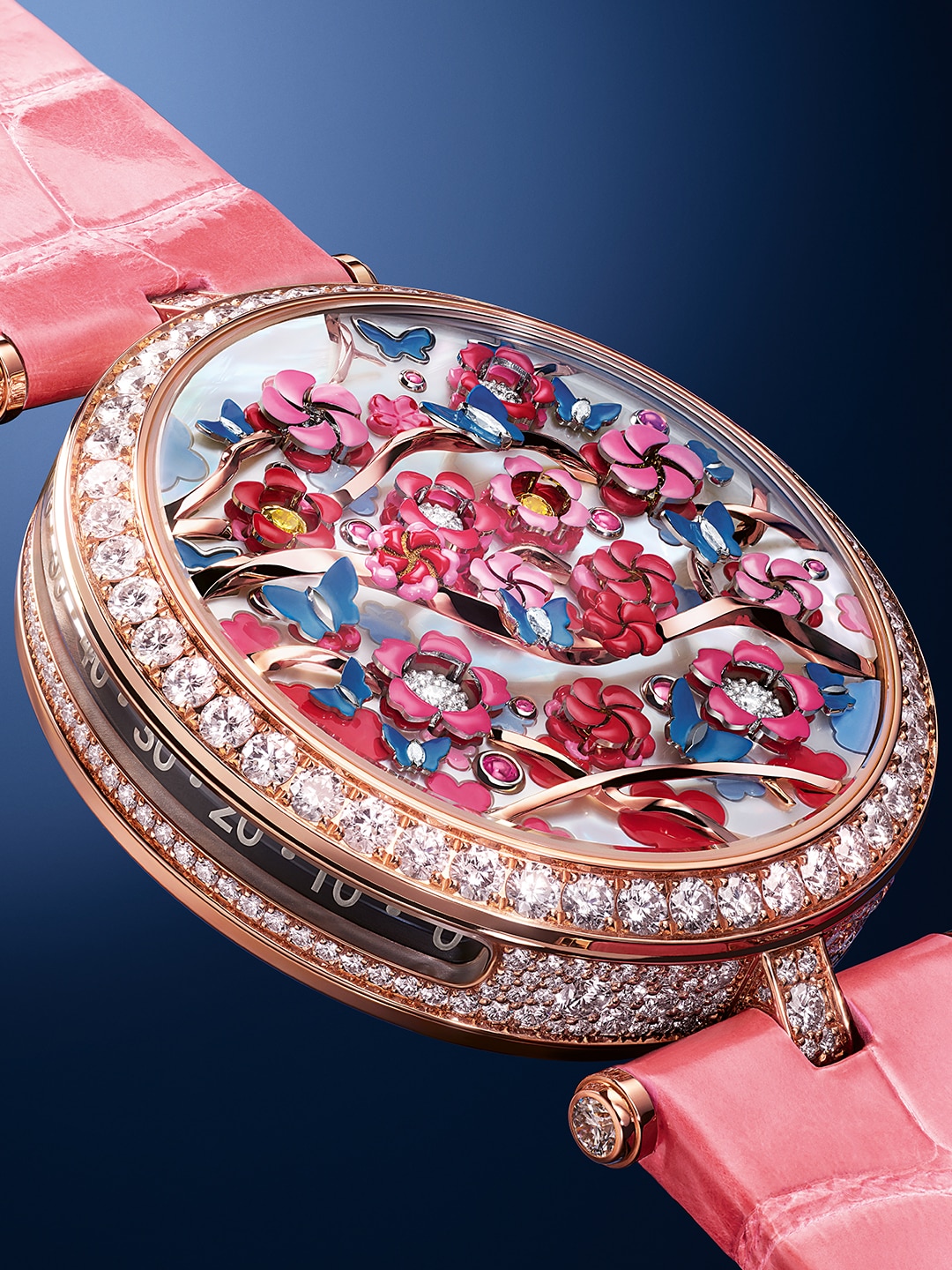 Lady Arpels Heures Florales Cerisier watch. 18K rose gold, rhodium plated 18K white gold, white and yellow diamonds, pink sapphires, white mother-of-pearl, miniature painting. Self-winding mechanical movement equipped with a flower-opening module for the hours and lateral minutes display. Watch sold with two interchangeable straps and one interchangeable pin buckle set with diamonds. Poetic Complications Collection, Van Cleef & Arpels.