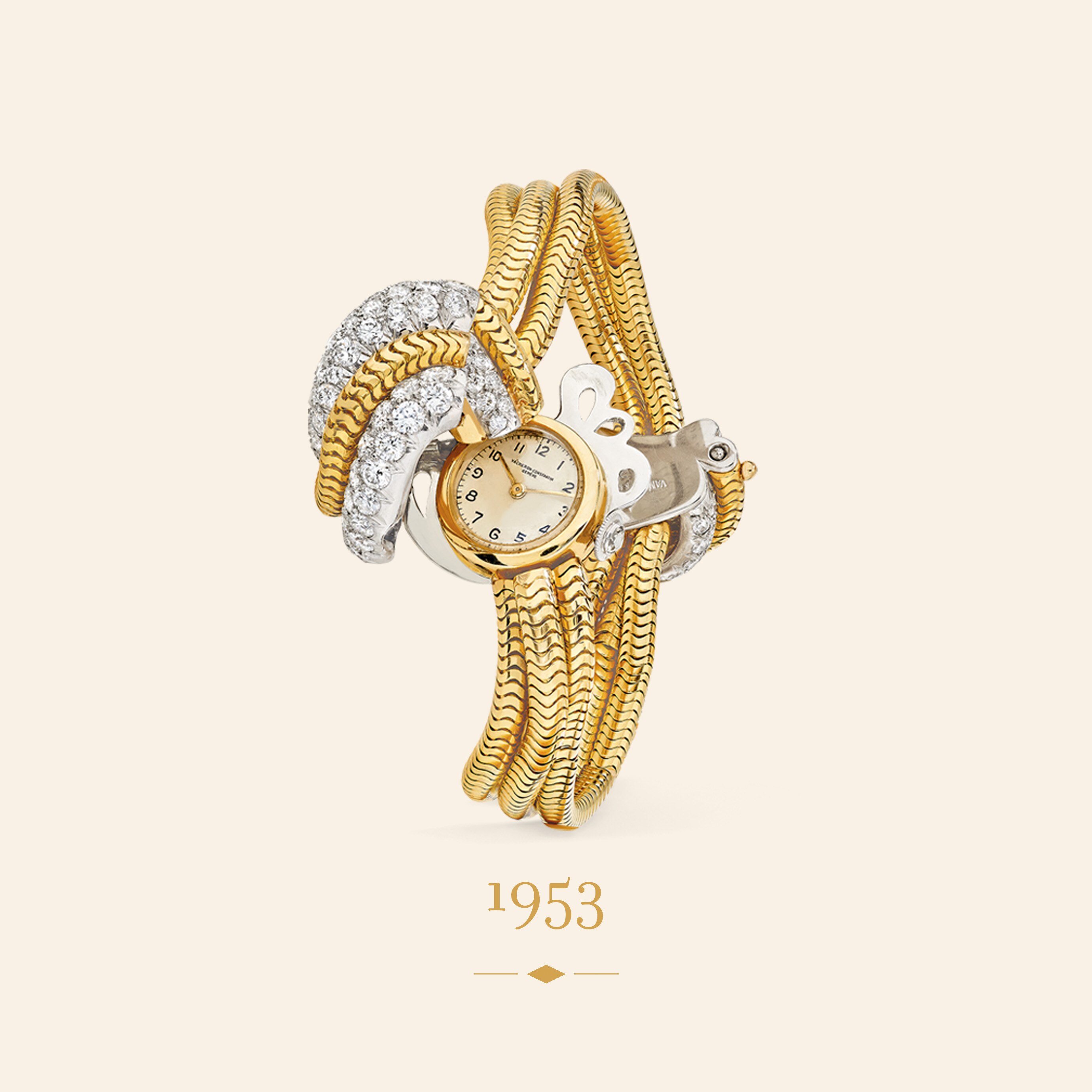 Secret wristwatch, 1953. 18K yellow gold, white gold, diamonds. Van Cleef & Arpels Collection. Van Cleef & Arpels.
