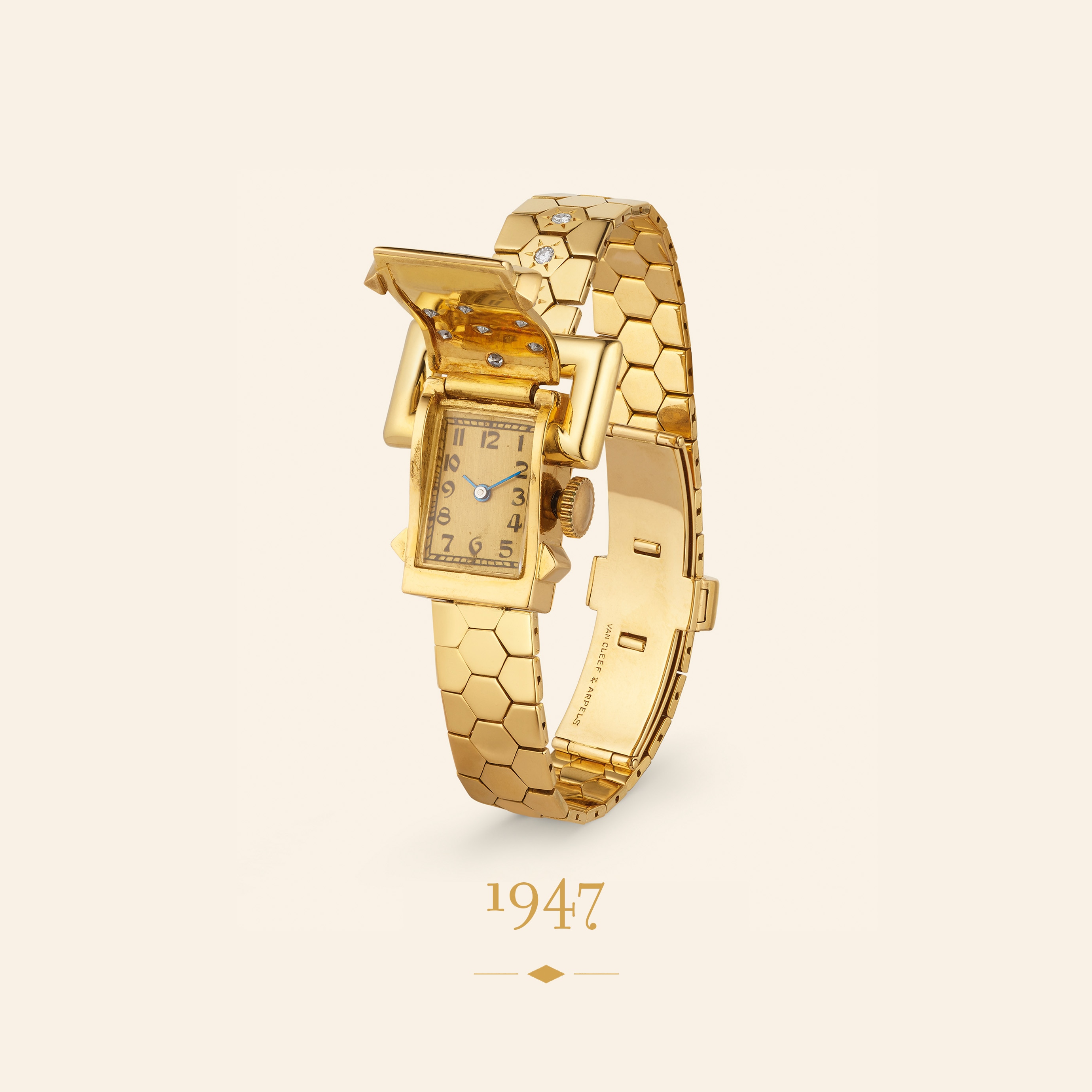 Secret wristwatch, 1947. 18K yellow gold, diamonds. Van Cleef & Arpels Collection. Van Cleef & Arpels.
