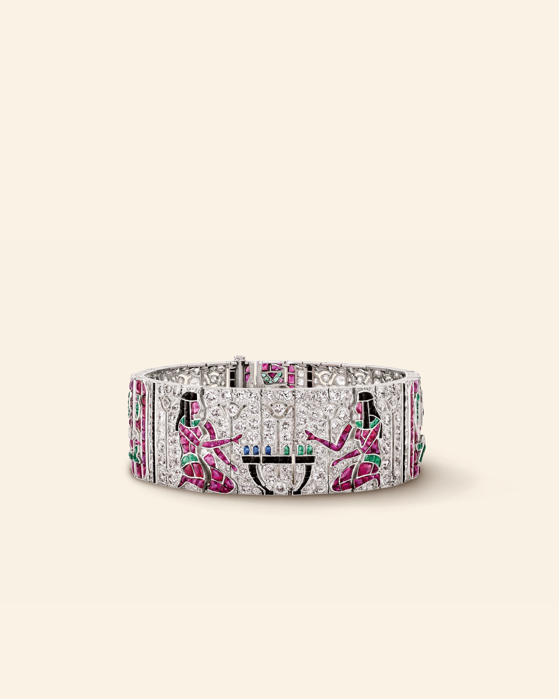 Egyptian Pattern bracelet, 1924​ Platinum, emeralds, rubies, sapphires, onyx, diamonds​ Van Cleef & Arpels Collection