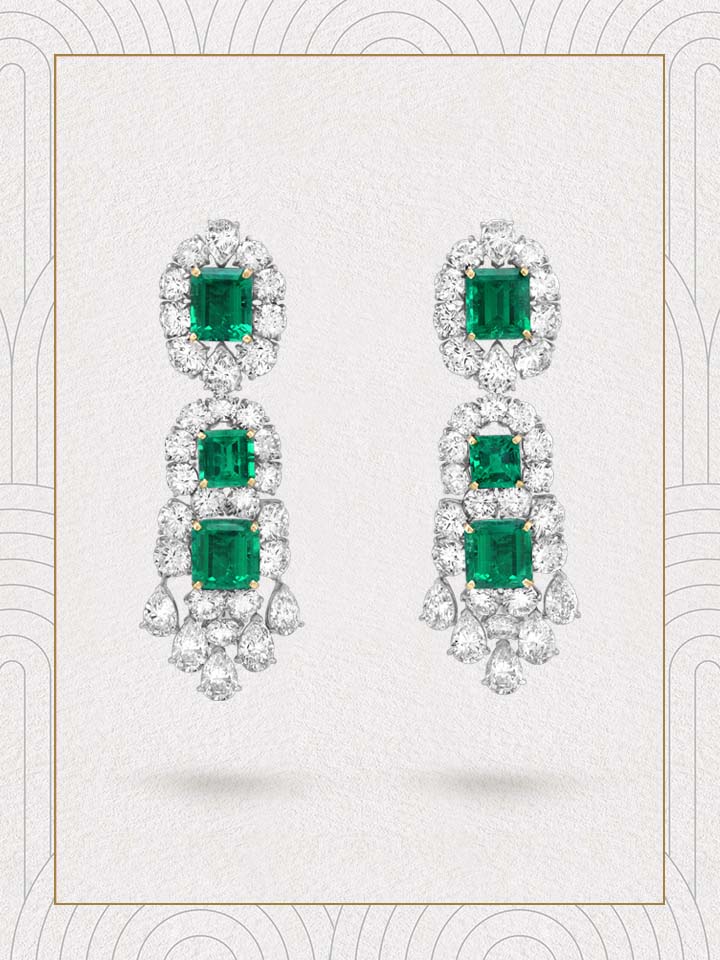 Earrings, 1996, yellow gold, white gold, emeralds, diamonds. Heritage collection, Van Cleef & Arpels.