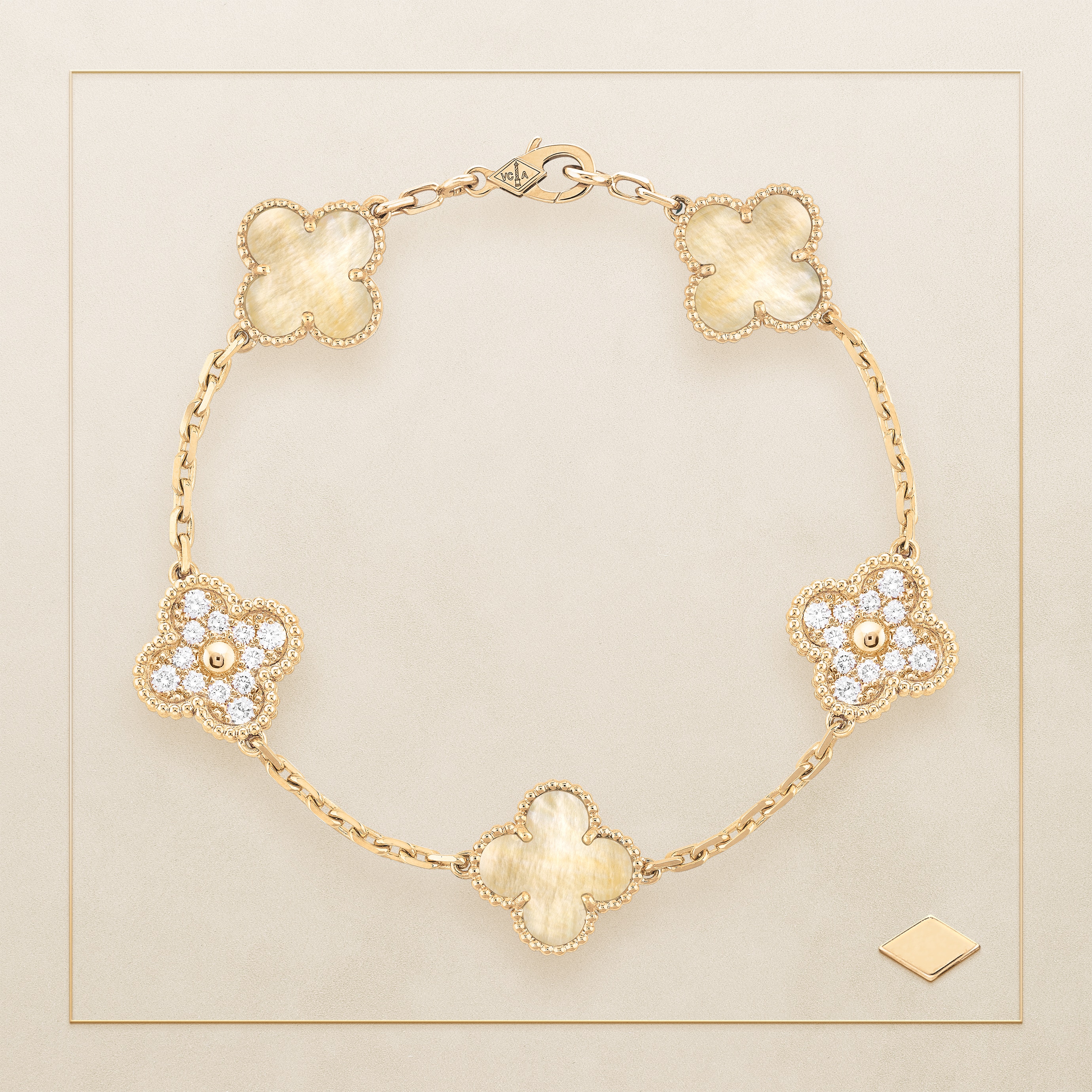 Vintage Alhambra® bracelet, 5 motifs. Yellow gold, gold mother-of-pearl, diamonds. Van Cleef & Arpels