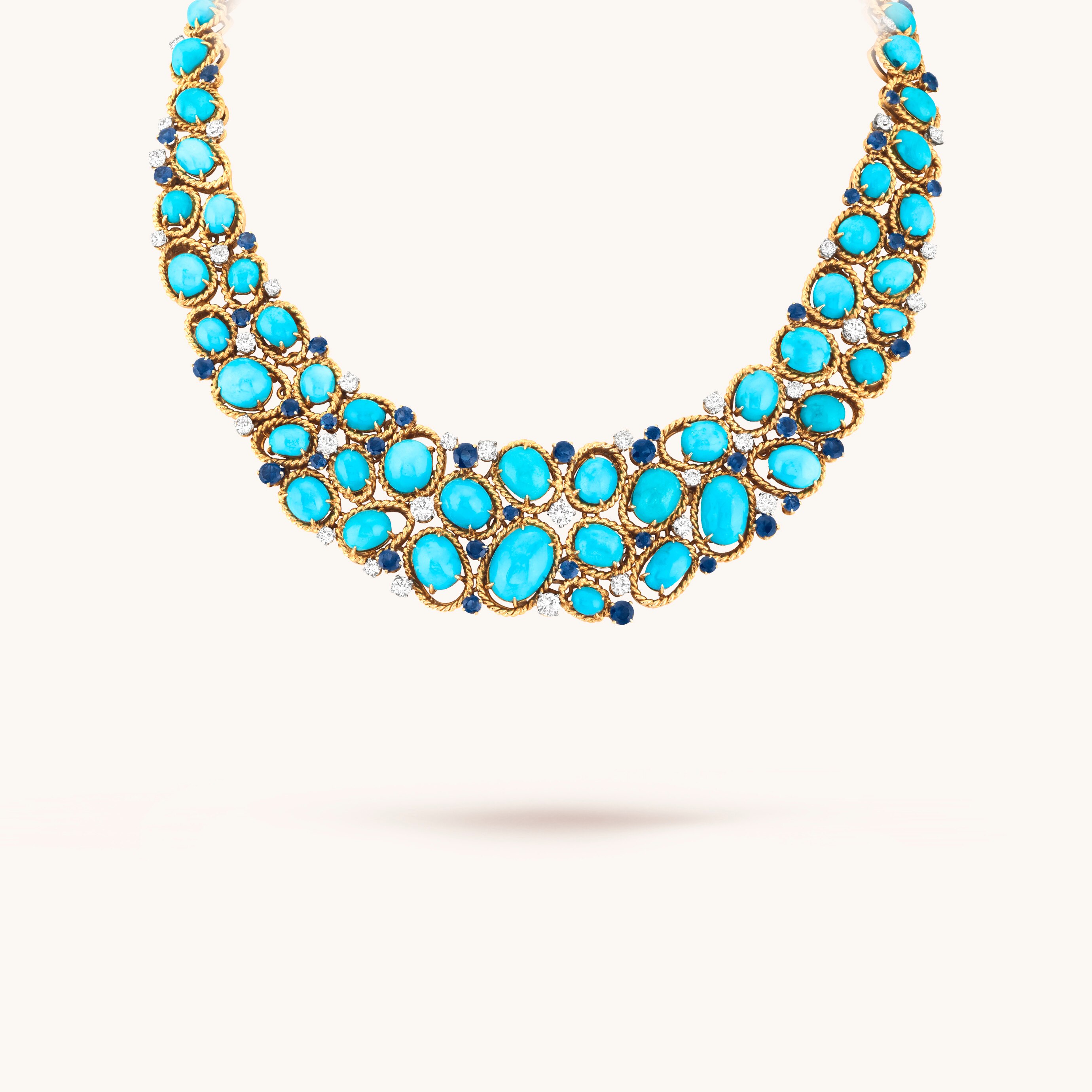 Collier Vibrations d'Étoile. Roségold, Weißgold, 3 rosa Turmaline im Kissenschliff, Türkis, Onyx, runde Diamanten. Van Cleef & Arpels