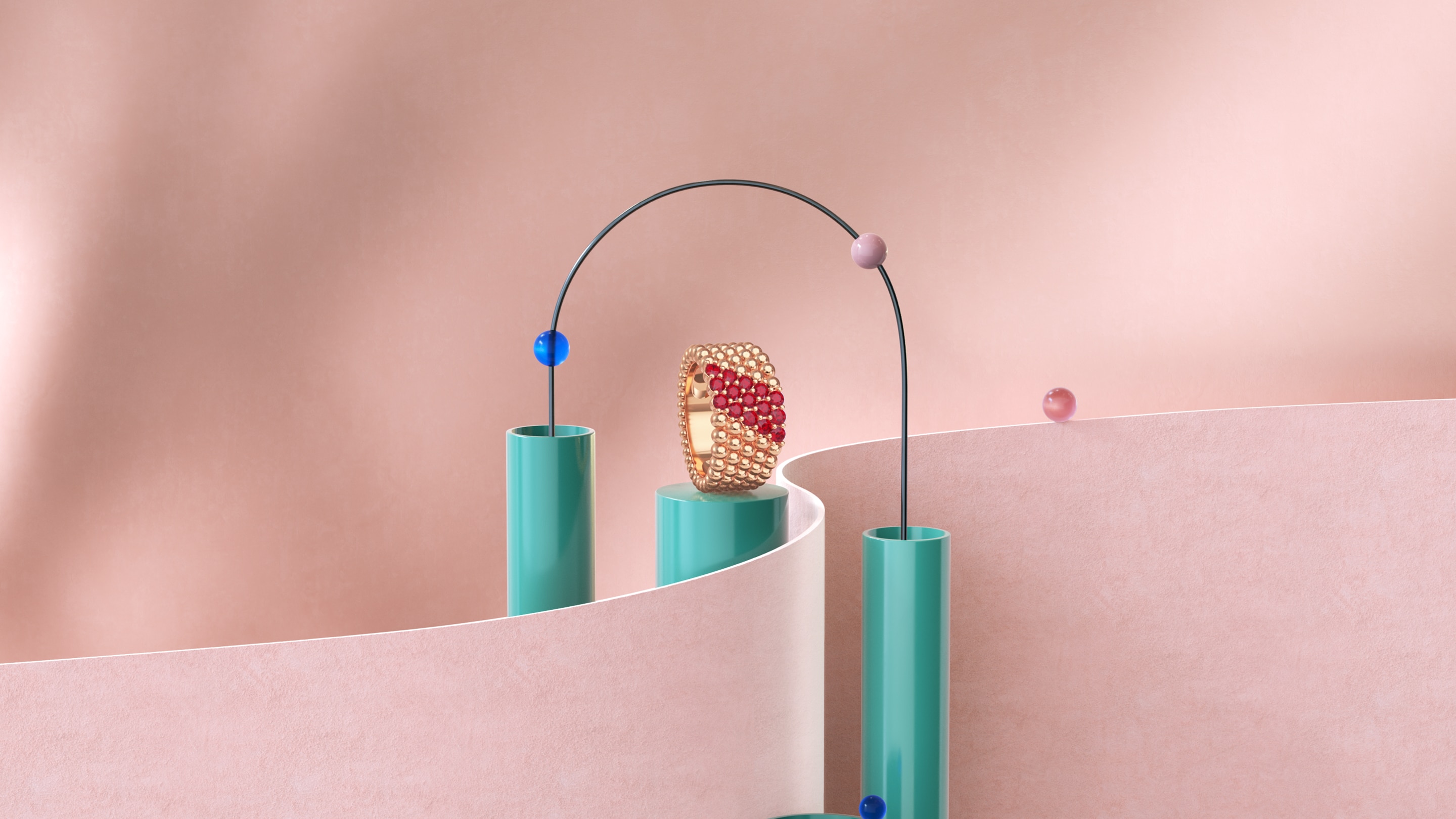 Perlée® couleurs ring, 5 rows, rose gold, round rubies. Perlée collection, Van Cleef & Arpels