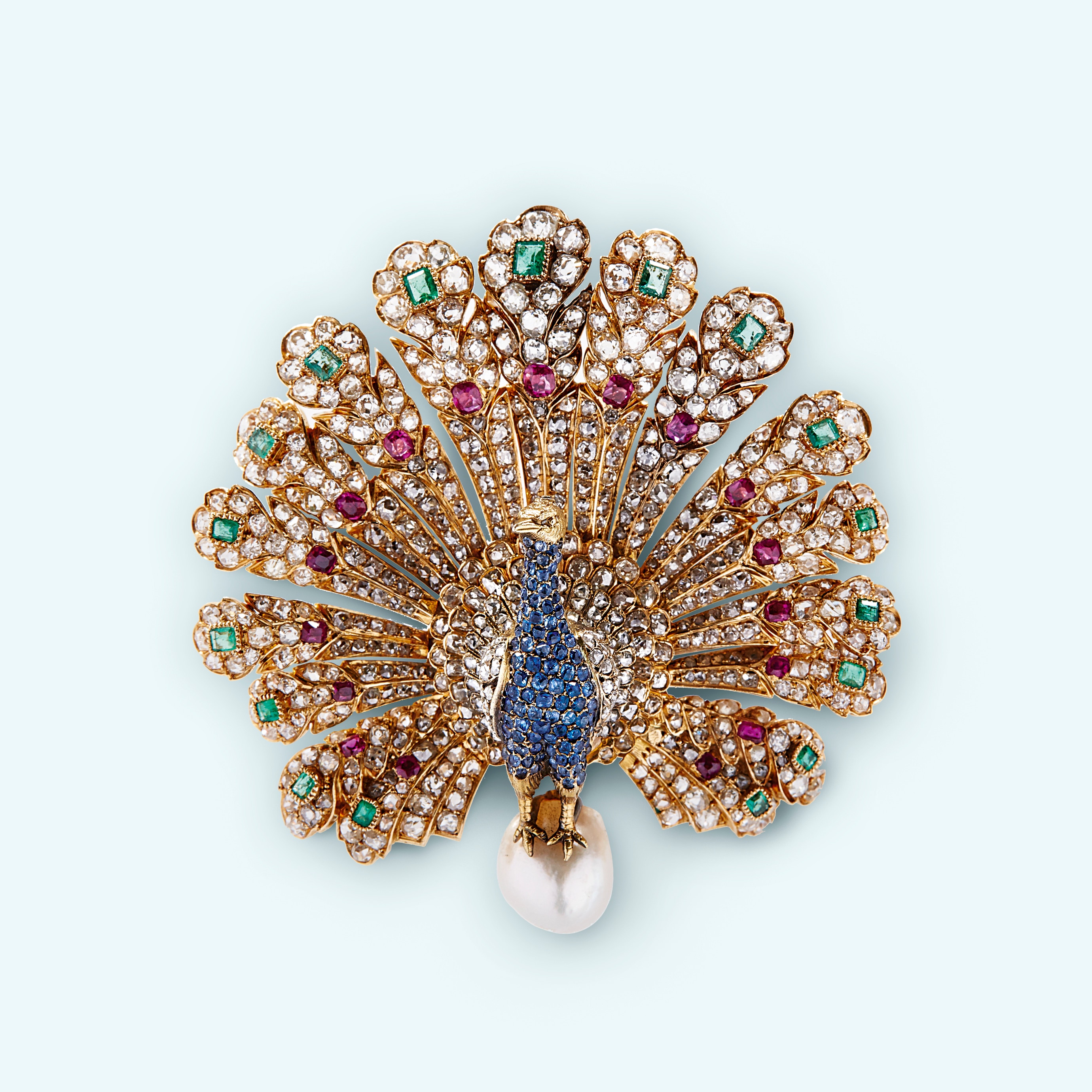 Gustave Baugrand, Peacock Brooch, 1865, pearl, diamonds, sapphires and rubies, emeralds, gold. Private collection