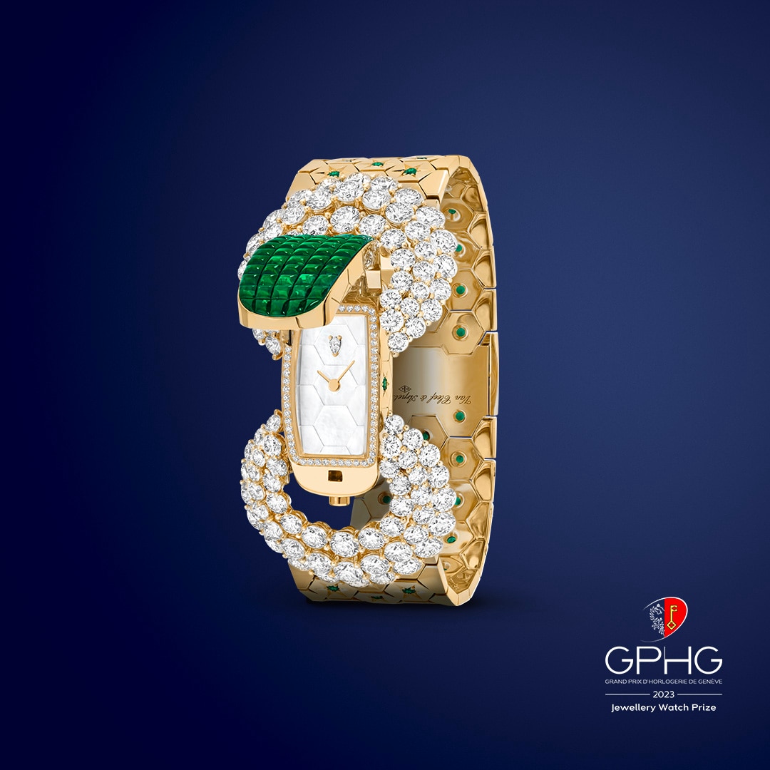 Ludo Secret Emeralds Mystery Set watch, winner of the Jewelry prize at the GPHG 2023, Van Cleef & Arpels.