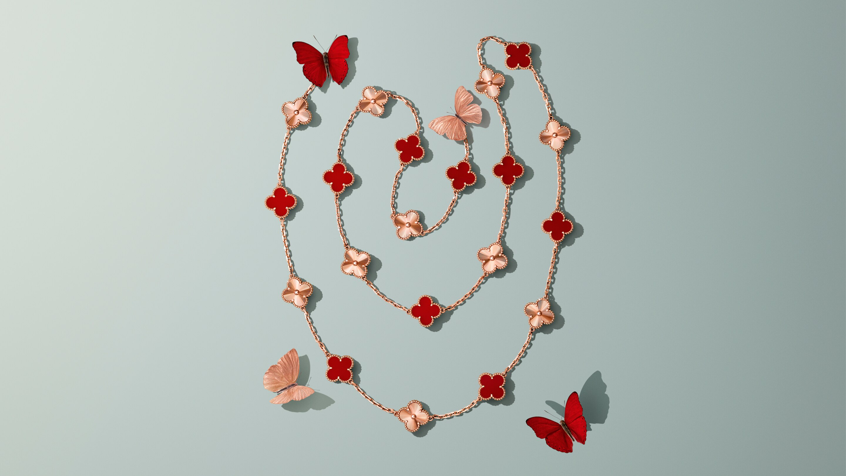Vintage Alhambra® long necklace, guilloché rose gold, carnelian. Van Cleef & Arpels