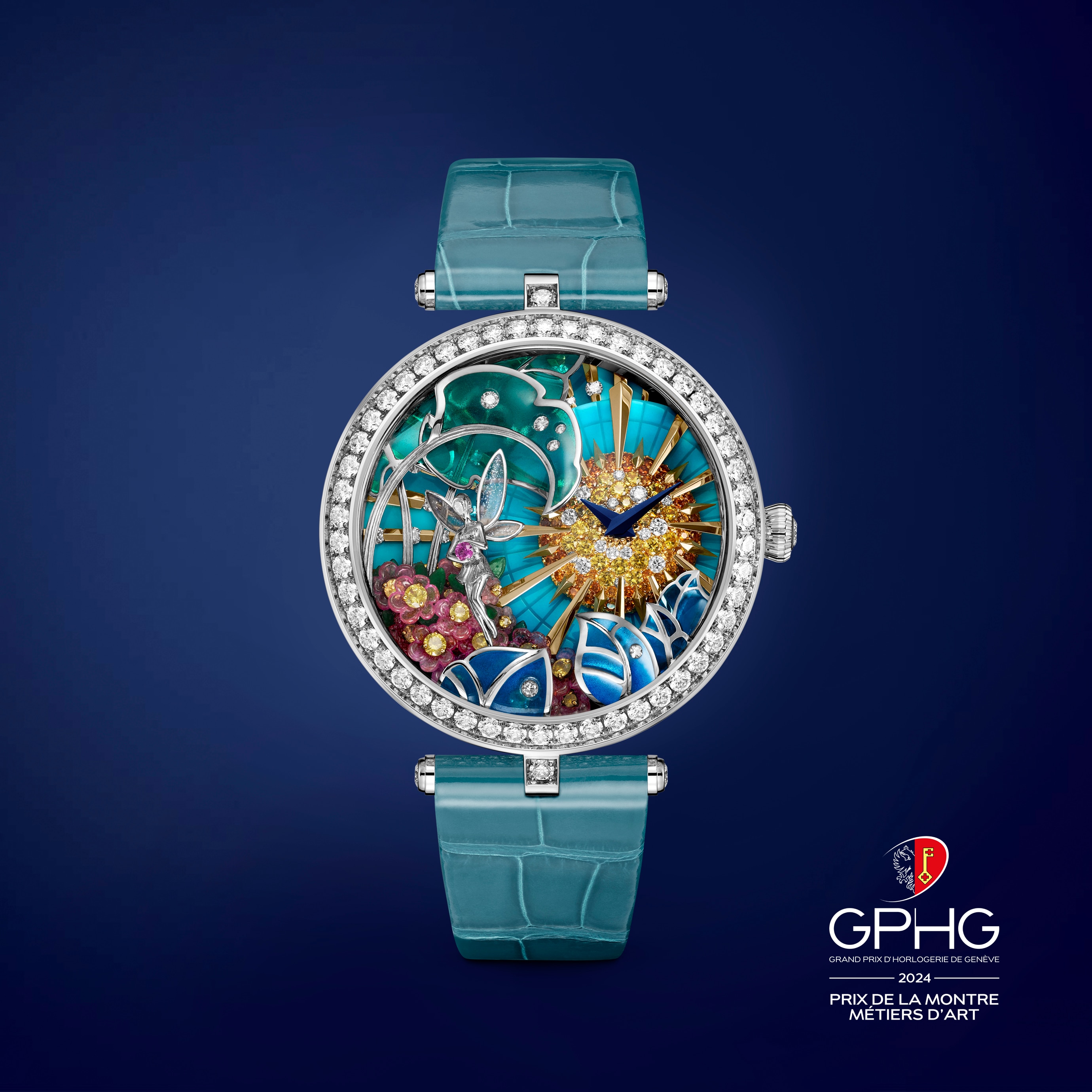 "Montre Lady Arpels Jour Enchanté,  gagnante du prix de la Montre Métiers d'Art au GPHG 2024, Van Cleef & Arpels."