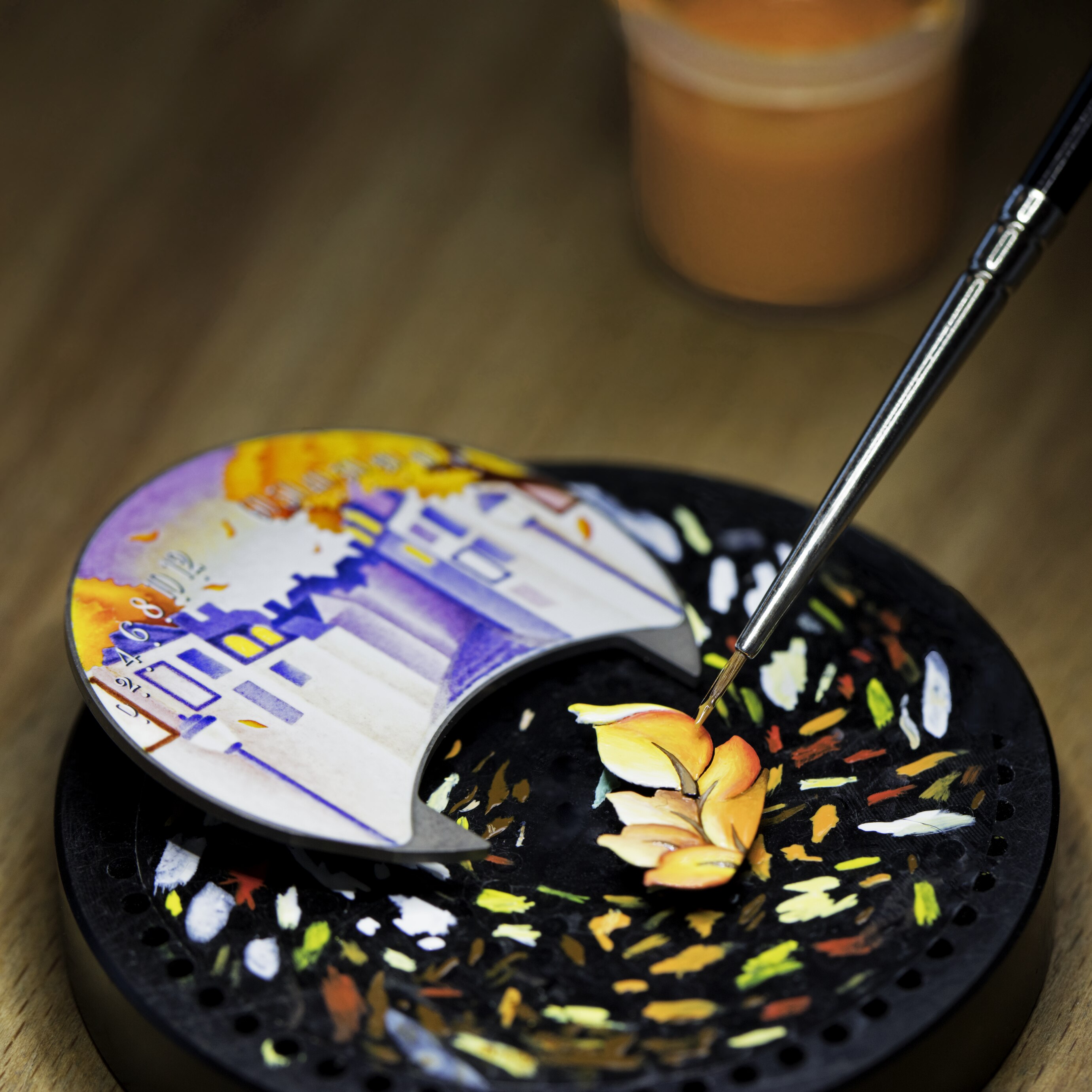 Miniature painting on the Lady Arpels Pont des Amoureux Automne watch. Van Cleef & Arpels Collection.