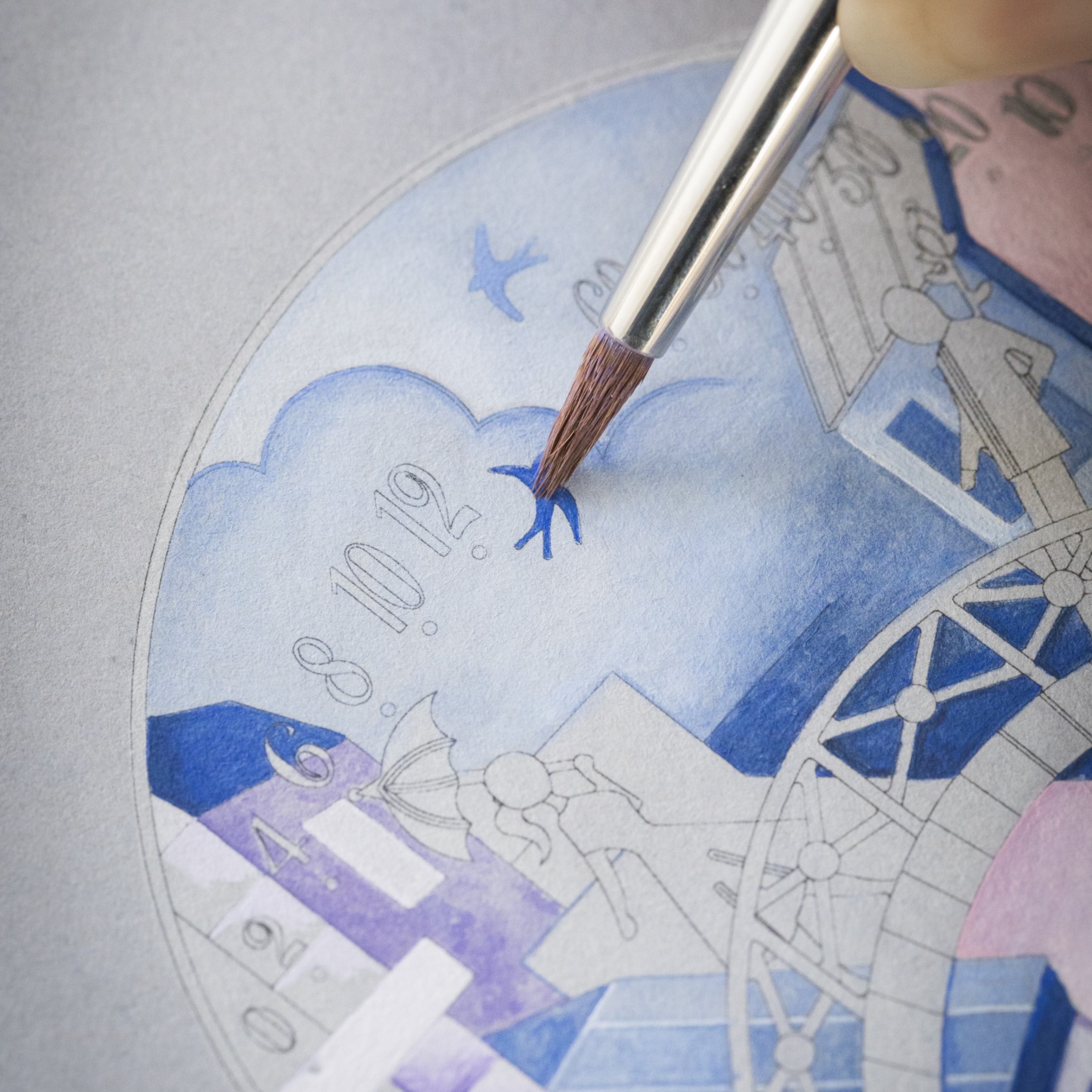 Painting on the gouaché of the Lady Arpels Pont des Amoureux Jour watch. Van Cleef & Arpels.