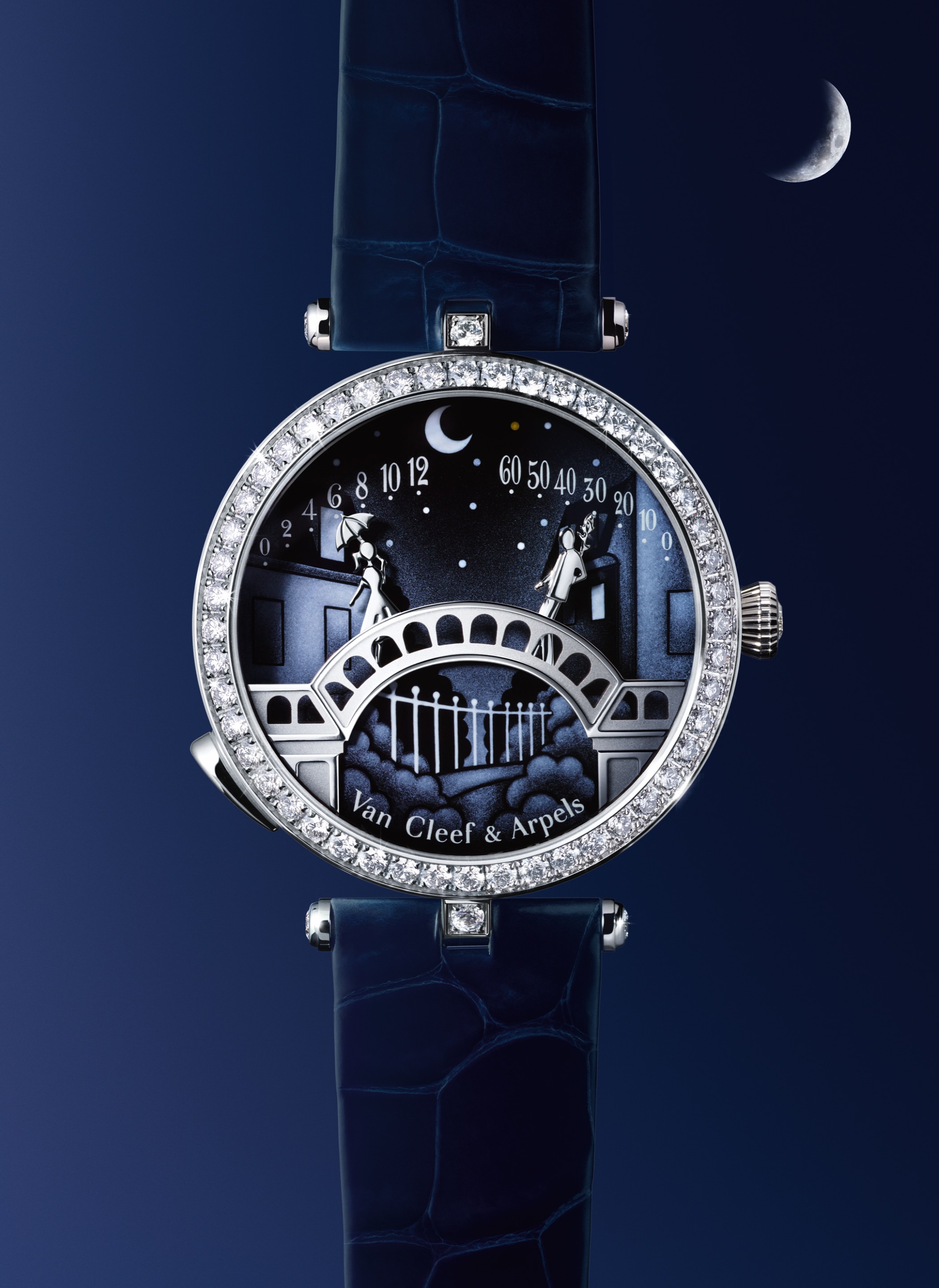 The two lovers meet on the dial of the Lady Arpels Pont des Amoureux watch. Poetic Complications collection, Van Cleef & Arpels.