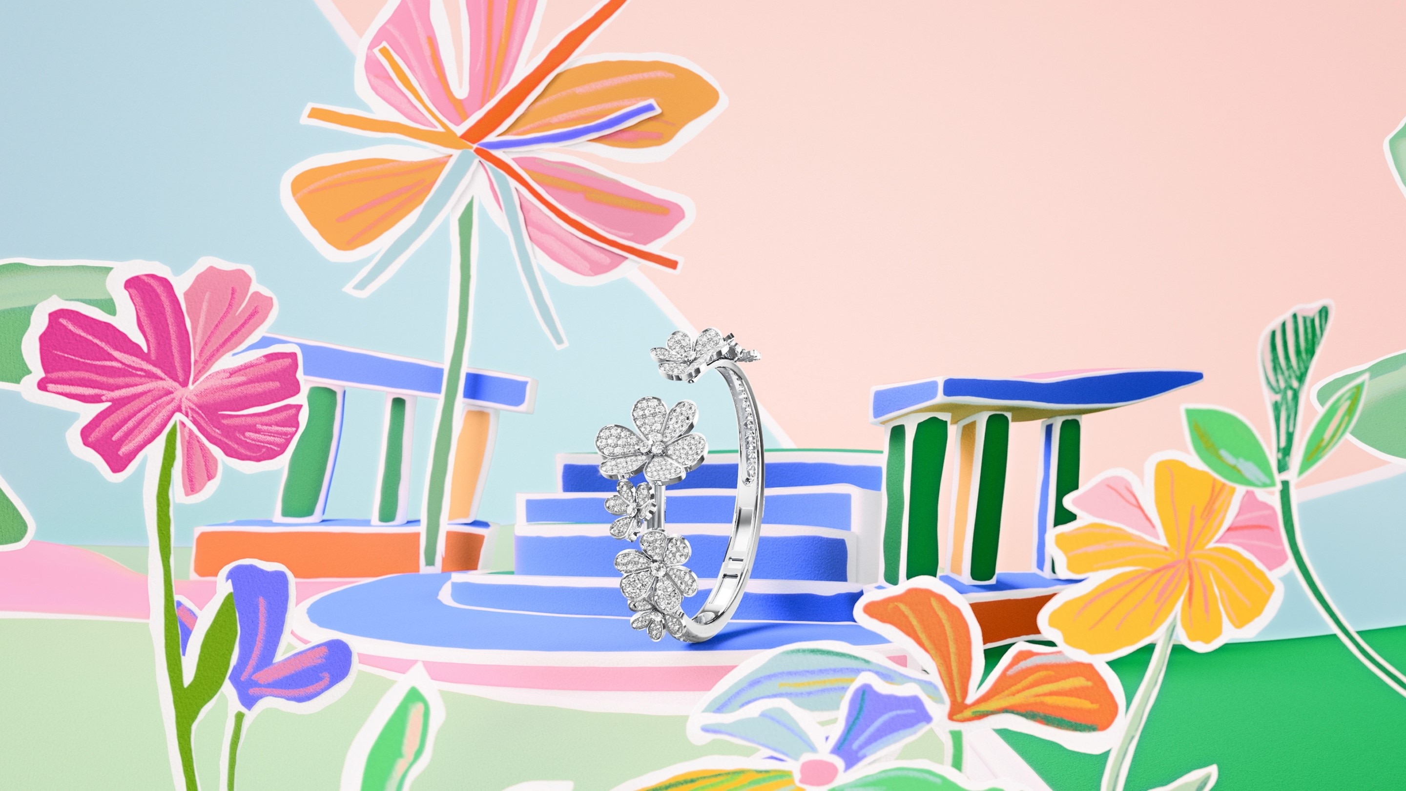 Frivole bracelet, 7 flowers, 18K white gold, diamonds. Frivole collection, Van Cleef & Arpels.