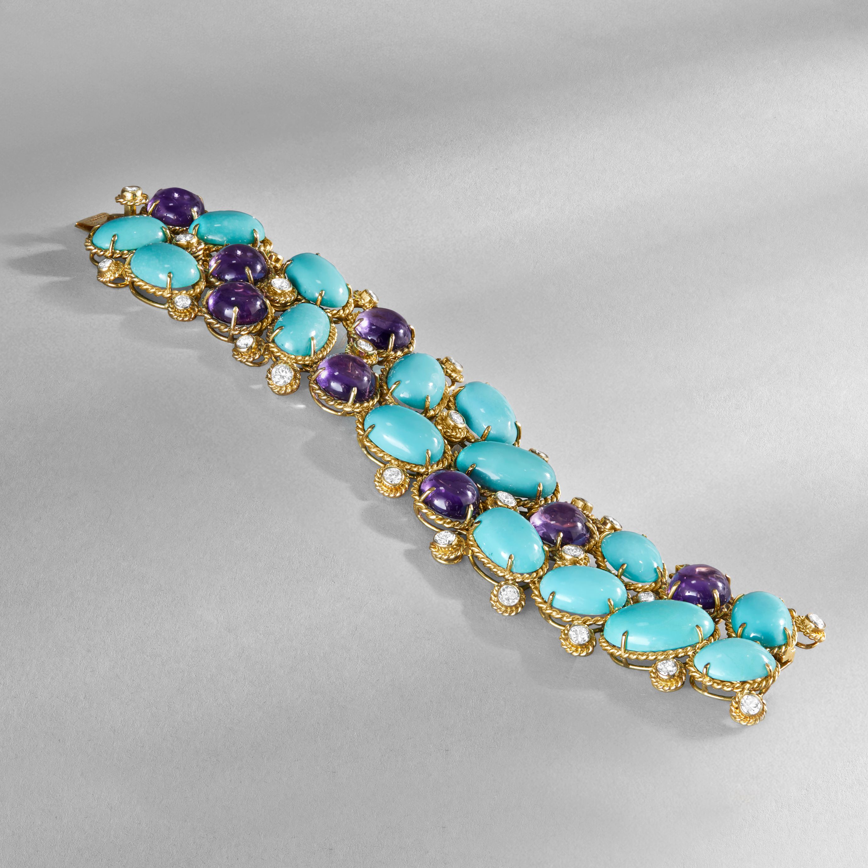 Bracelet, 1968. Yellow gold, turquoise, amethysts, diamonds. Heritage collection, Van Cleef & Arpels.