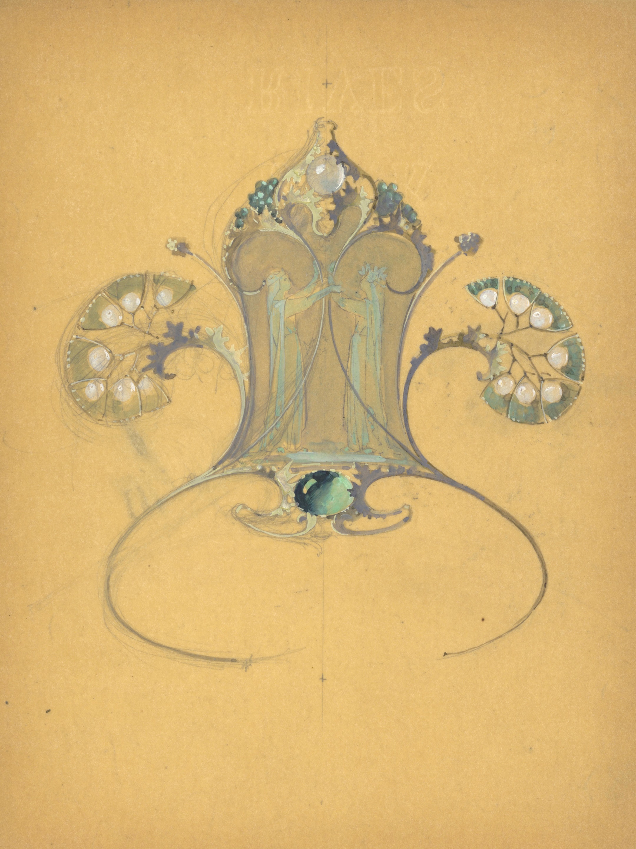 René Lalique(1860-1945年)。「Vestal Virgins」冠冕設計圖,約1900年。以鉛筆、墨水及水粉於植物纖維紙上繪畫的設計。Van Cleef & Arpels 梵克雅寶珠寶文化基金會。