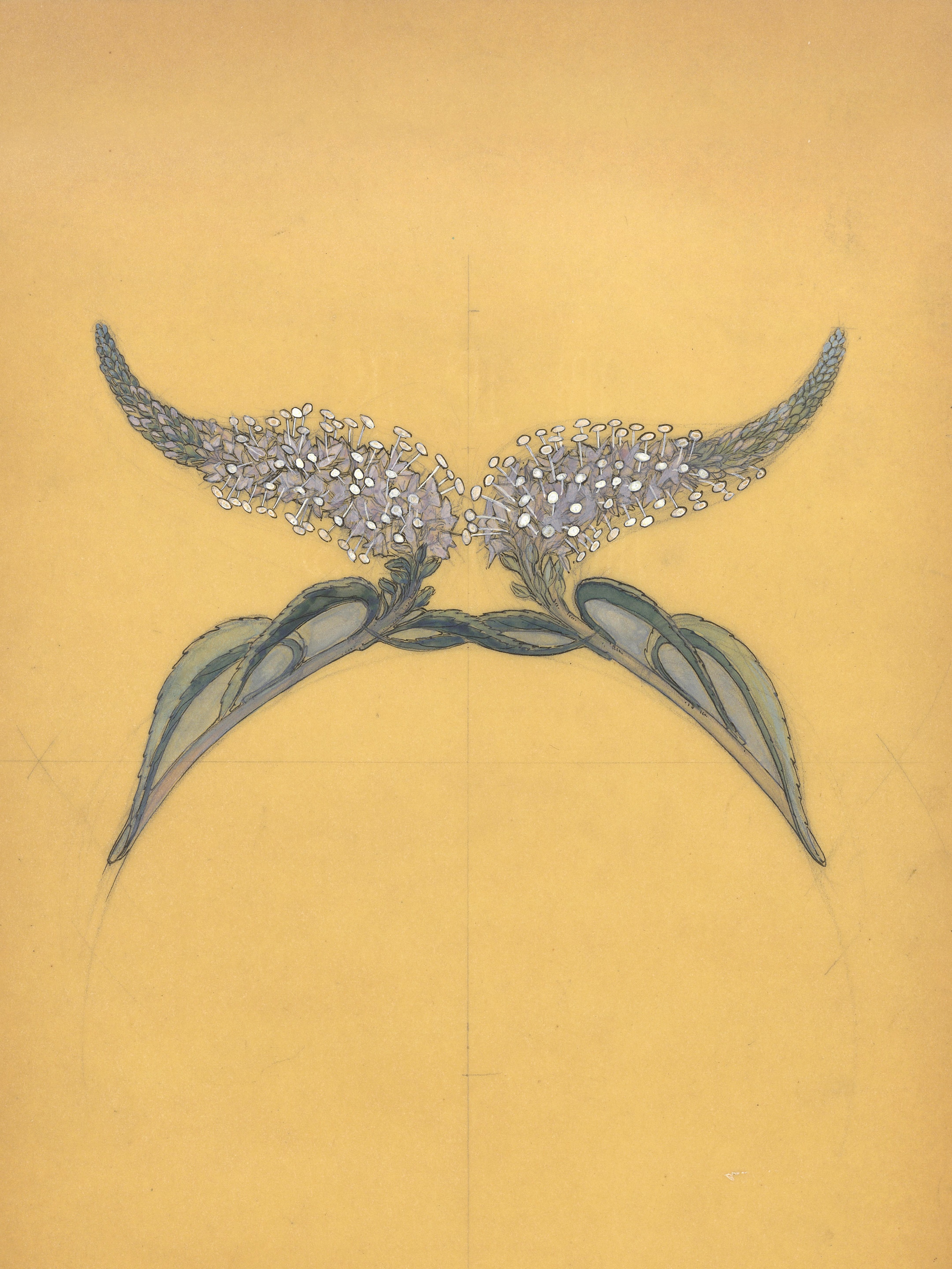 René Lalique(1860-1945年)。「Buddleia」冠冕設計圖,約1900年。以鉛筆、墨水及水粉於植物纖維紙上繪畫的設計圖。Van Cleef & Arpels 梵克雅寶珠寶文化基金會。