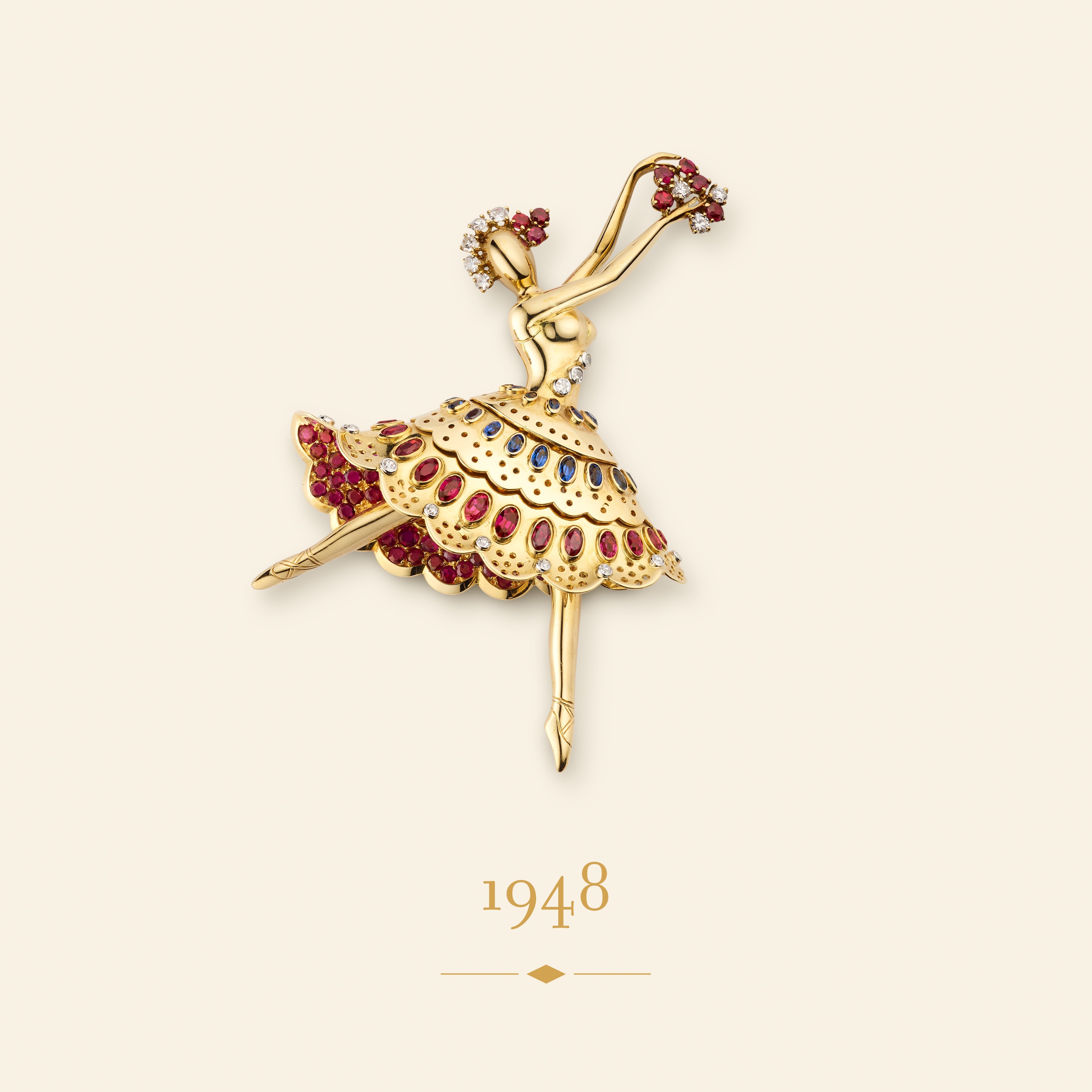 Dancer胸针，1948年。黄K金，铂金，白K金，玫瑰金，红宝石，蓝宝石，钻石。Van Cleef & Arpels梵克雅宝典藏。