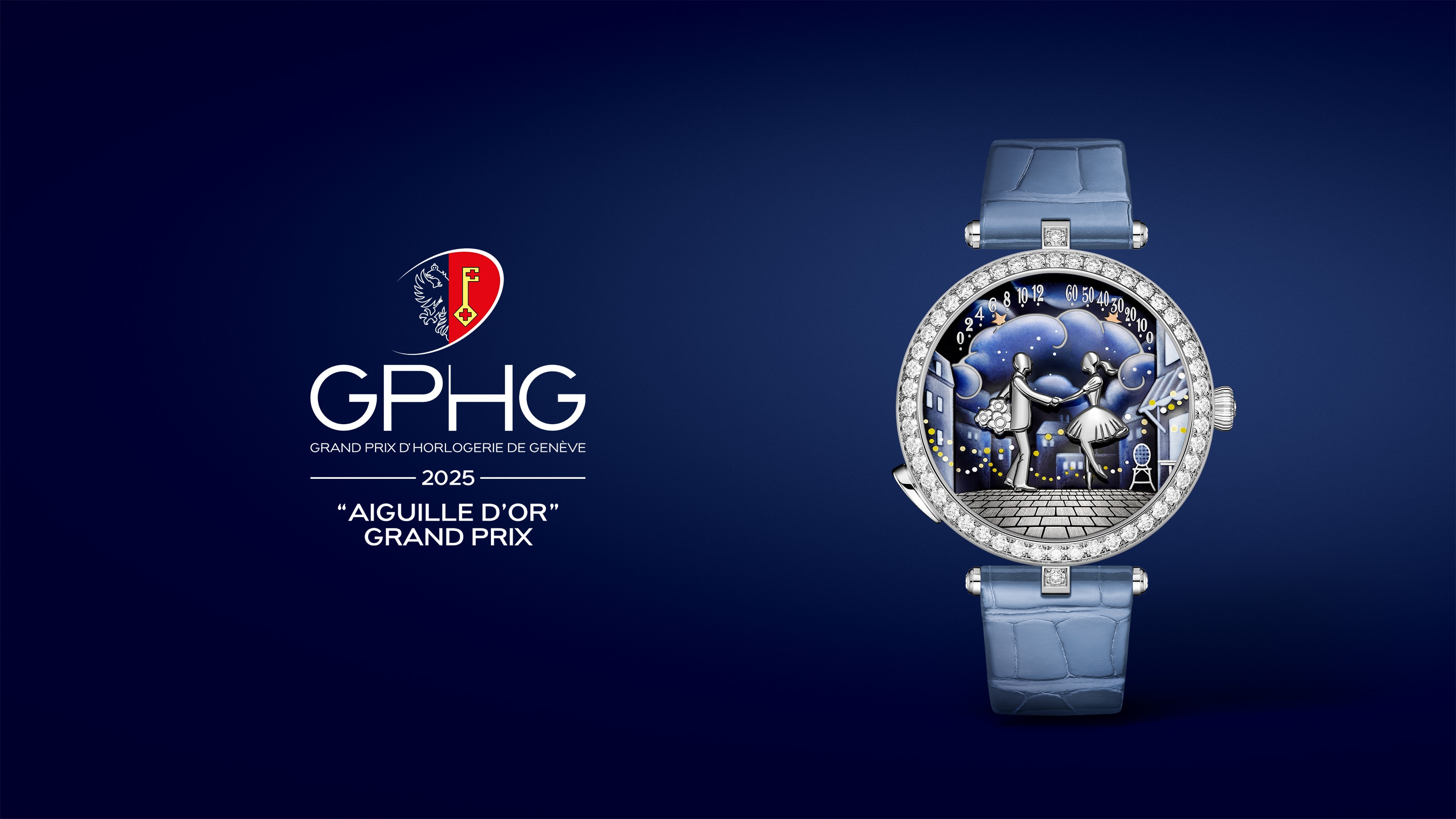 ساعة لايدي آربلز بال ديزامورو أوتومات. ذهب أبيض عيار 18 قيراط مطلي بالروديوم، ماس مستدير، مينا مطلي بتقنية غريزاي إينامل، مينا ملوَّن مطلي بتقنية غريزاي إينامل، شخصيات مطلية بالروديوم، حركة ميكانيكية ذات تعبئة أوتوماتيكية تتميز بوظيفة ارتجاعية مزدوجة، آلية أوتوماتون مزوّدة بحركة تفعيل عند الطلب. مجموعة بويتيك كومبليكايشنز. دار فان كليف أند آربلز.