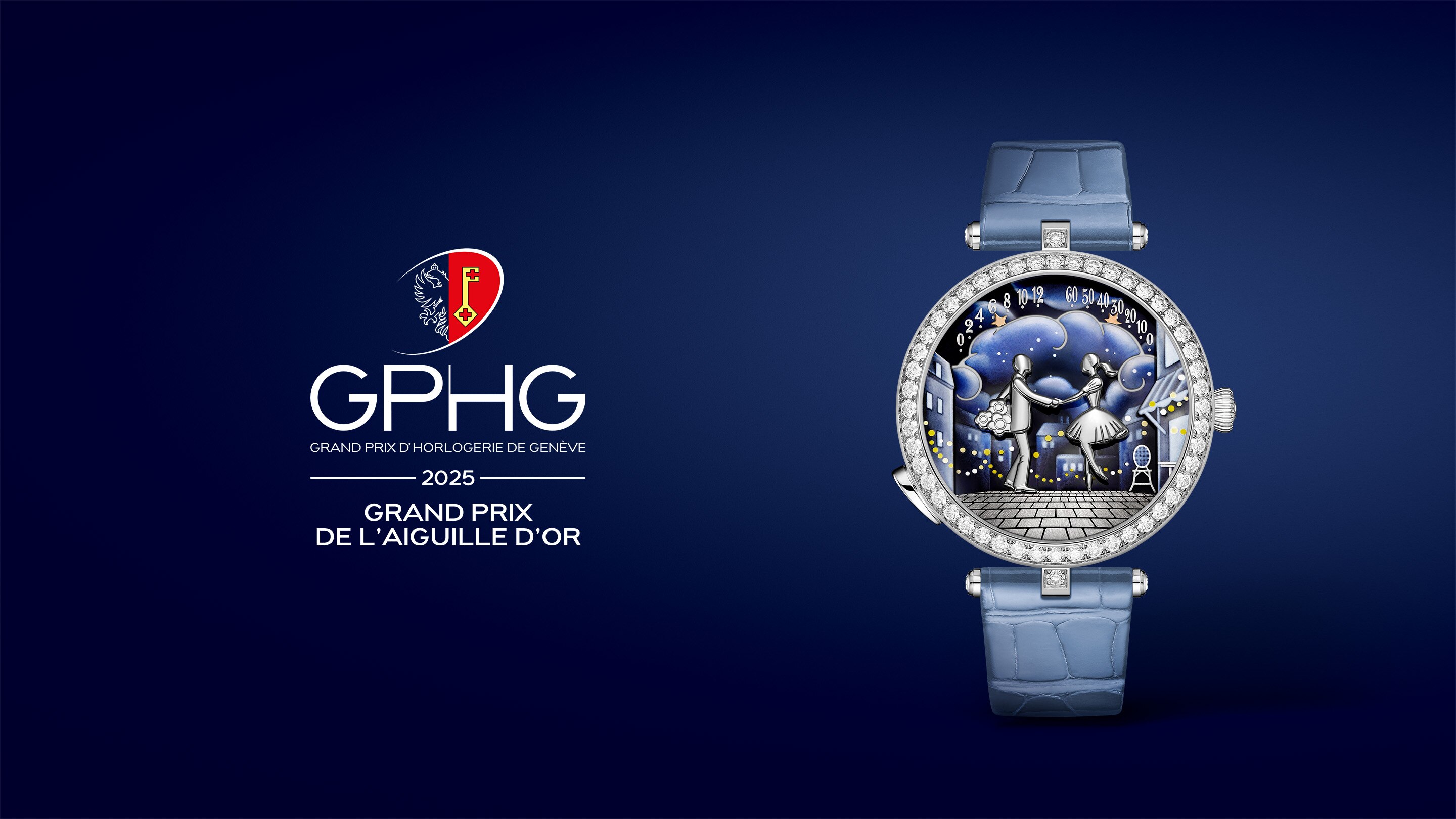 Montre Lady Arpels Bal des Amoureux Automate. Or blanc, diamants ronds, émail grisaille, émail grisaille de couleur, personnages rhodiés, mouvement mécanique à remontage automatique avec une fonction double rétrograde, mécanisme automate et animation à la demande. Collection Complications Poétiques. Van Cleef & Arpels.