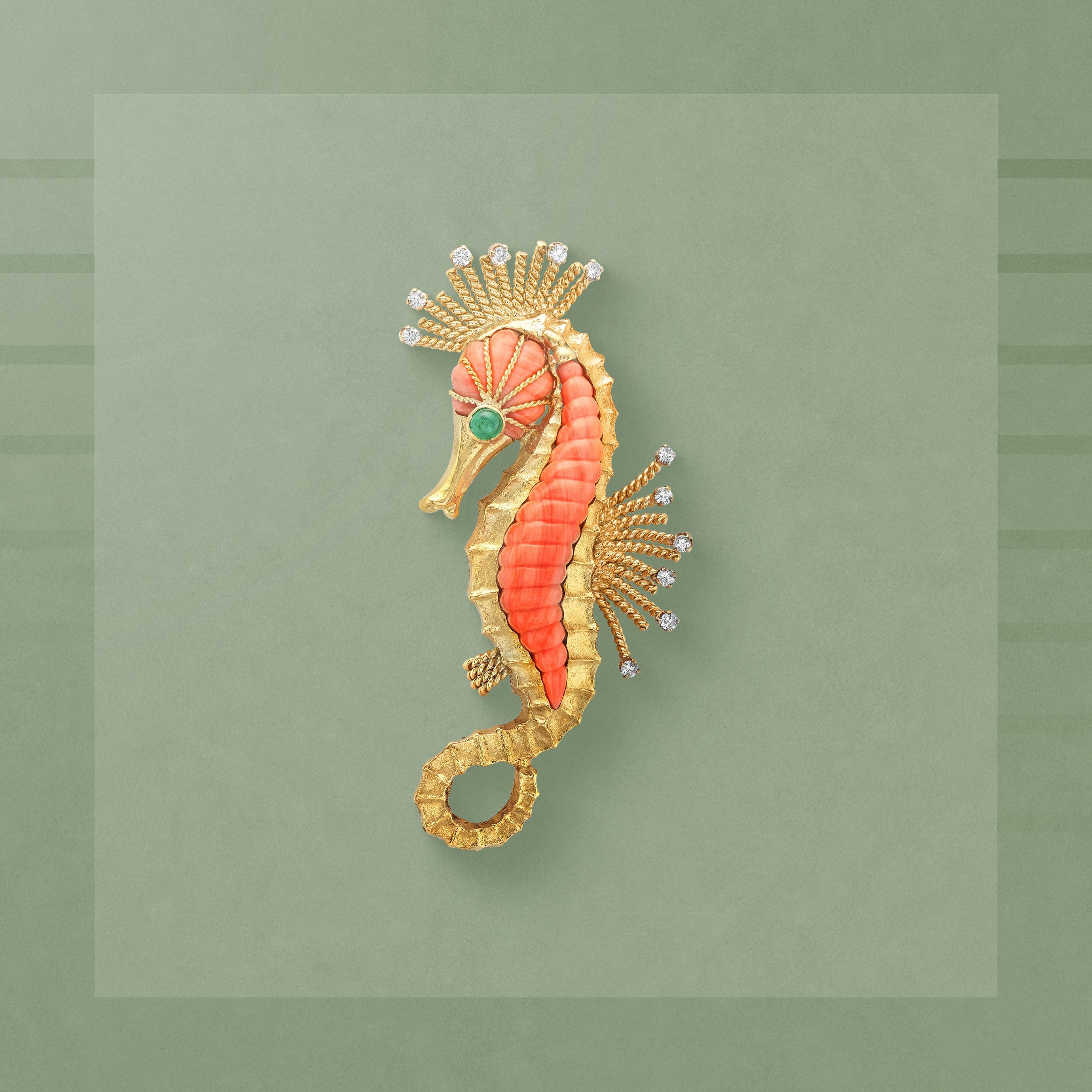 Seahorse clip, 1970. 18K yellow gold, 18K white gold, emerald, coral, diamonds. Van Cleef & Arpels Collection.